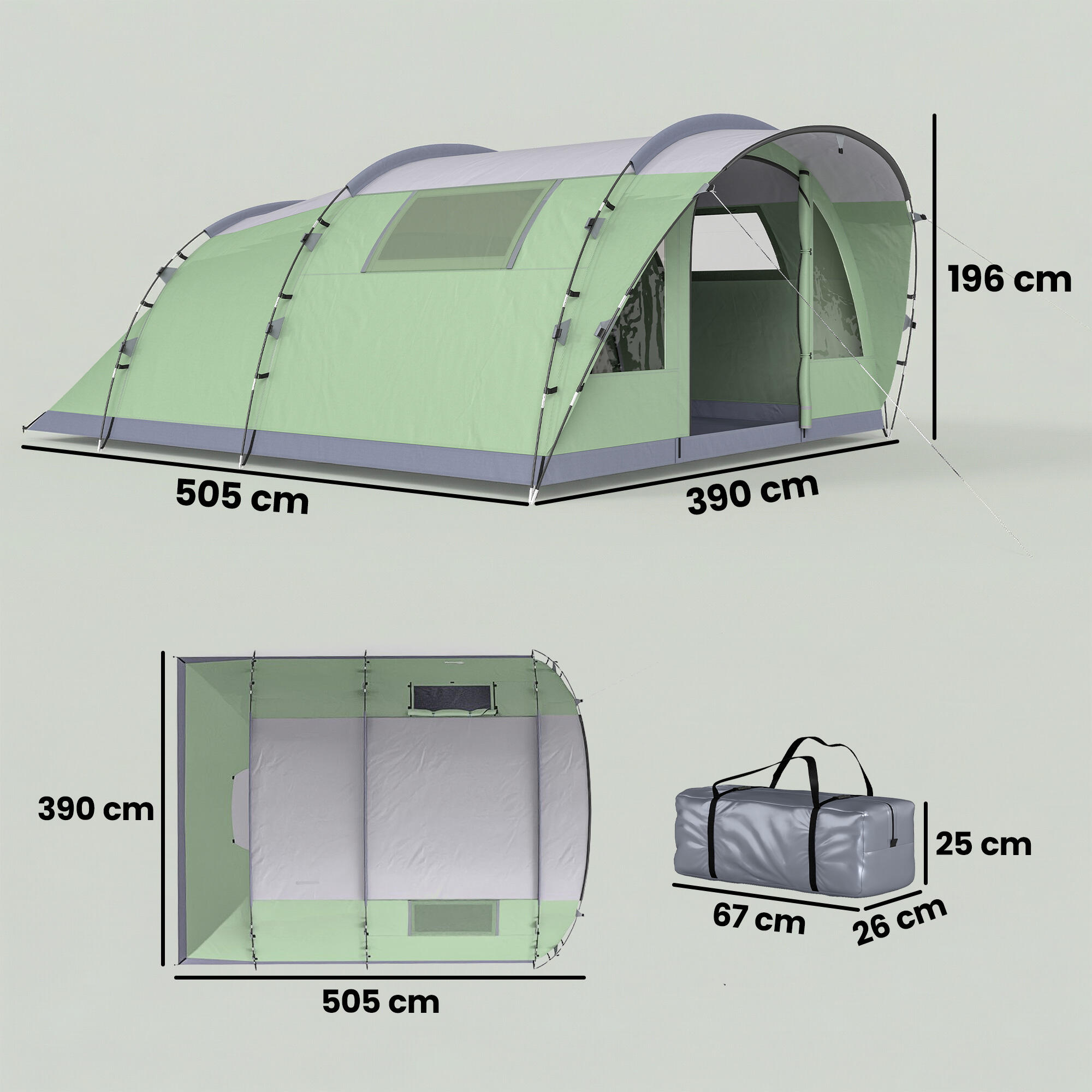 Outsunny Tenda Campeggio Impermeabile con Veranda per 2-4 Persone, Verde Chiaro 3/8