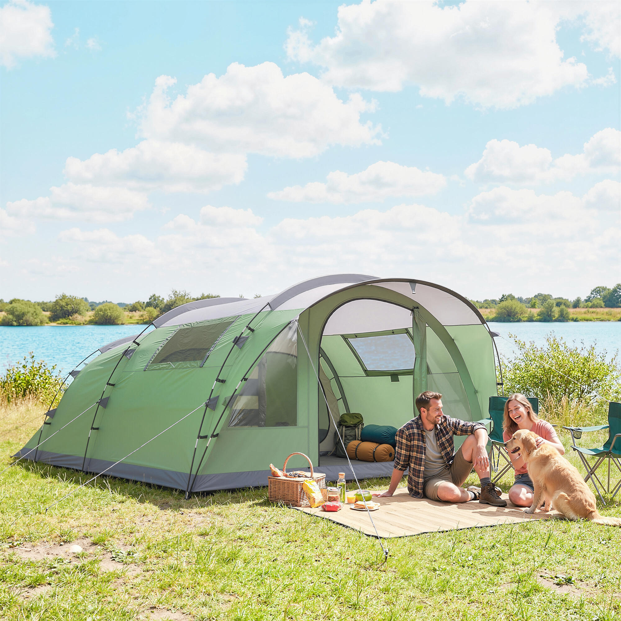 Outsunny Tenda Campeggio Impermeabile con Veranda per 2-4 Persone, Verde Chiaro 2/8