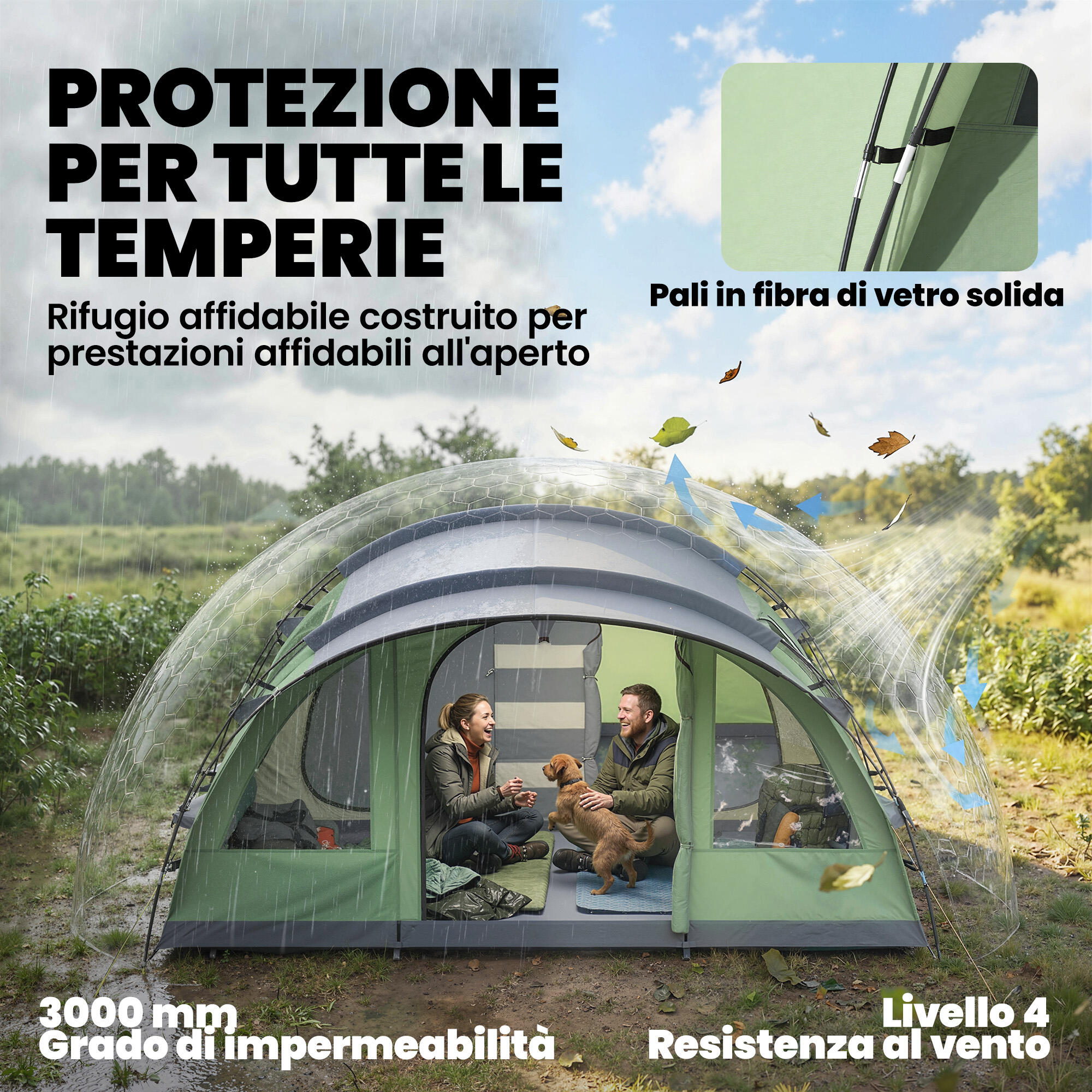 Outsunny Tenda Campeggio Impermeabile con Veranda per 2-4 Persone, Verde Chiaro 6/8