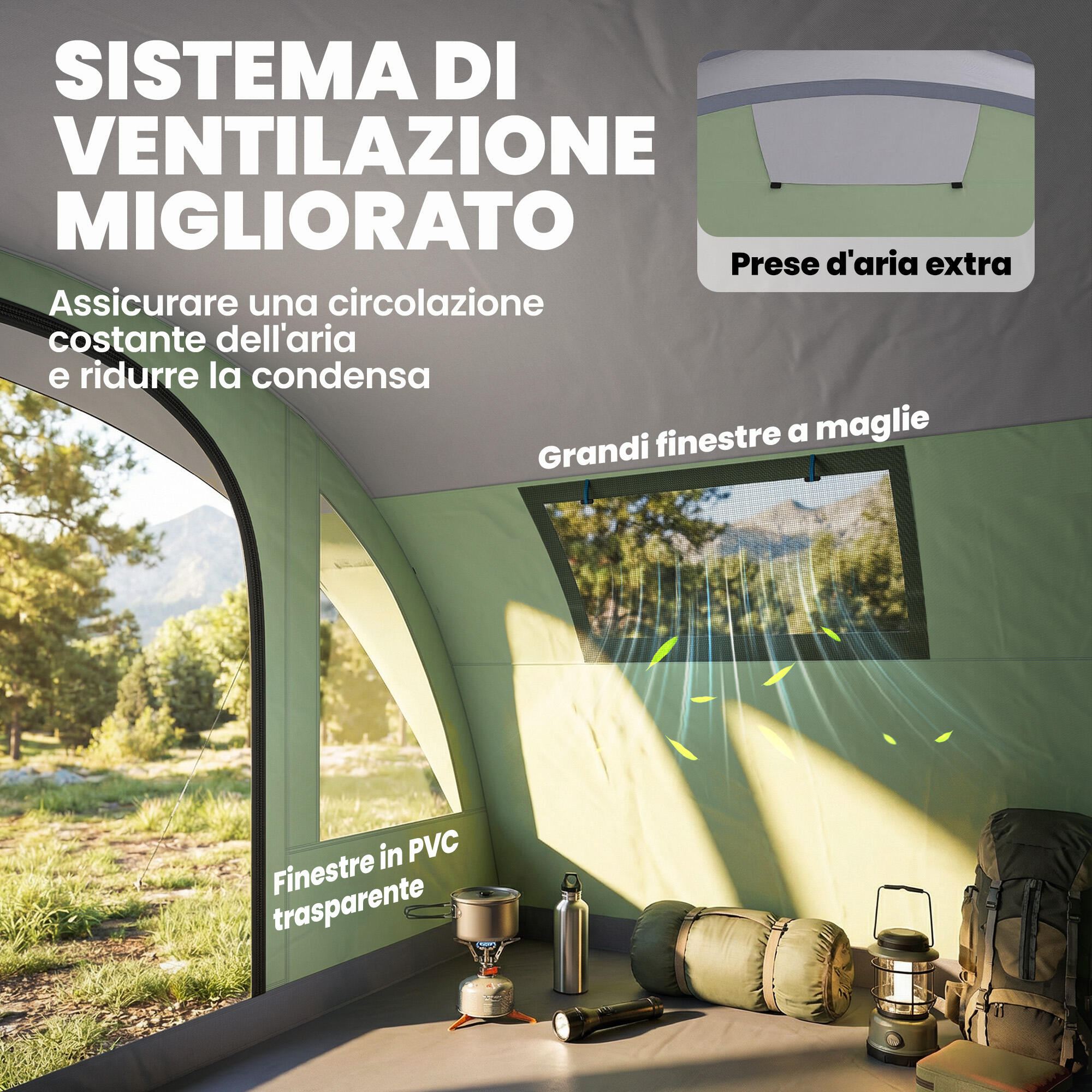 Outsunny Tenda Campeggio Impermeabile con Veranda per 2-4 Persone, Verde Chiaro 7/8