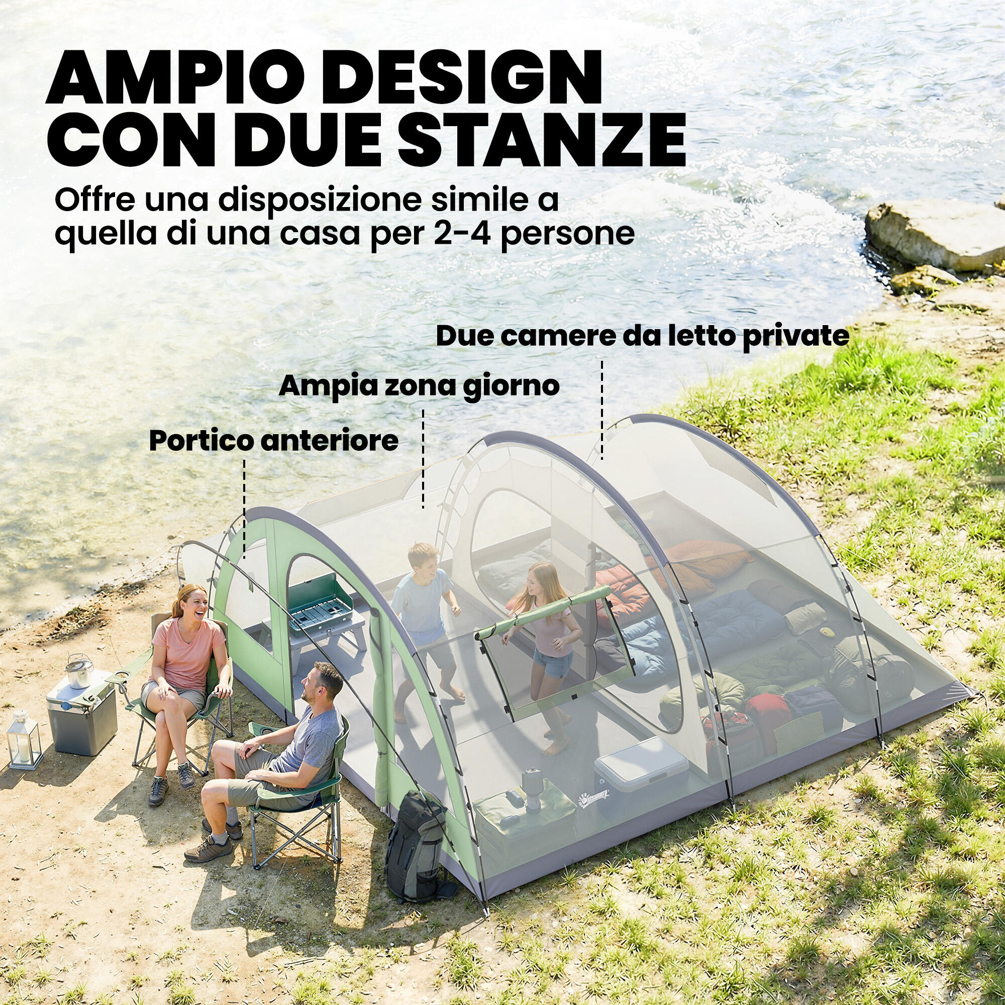 Outsunny Tenda Campeggio Impermeabile con Veranda per 2-4 Persone, Verde Chiaro 4/8