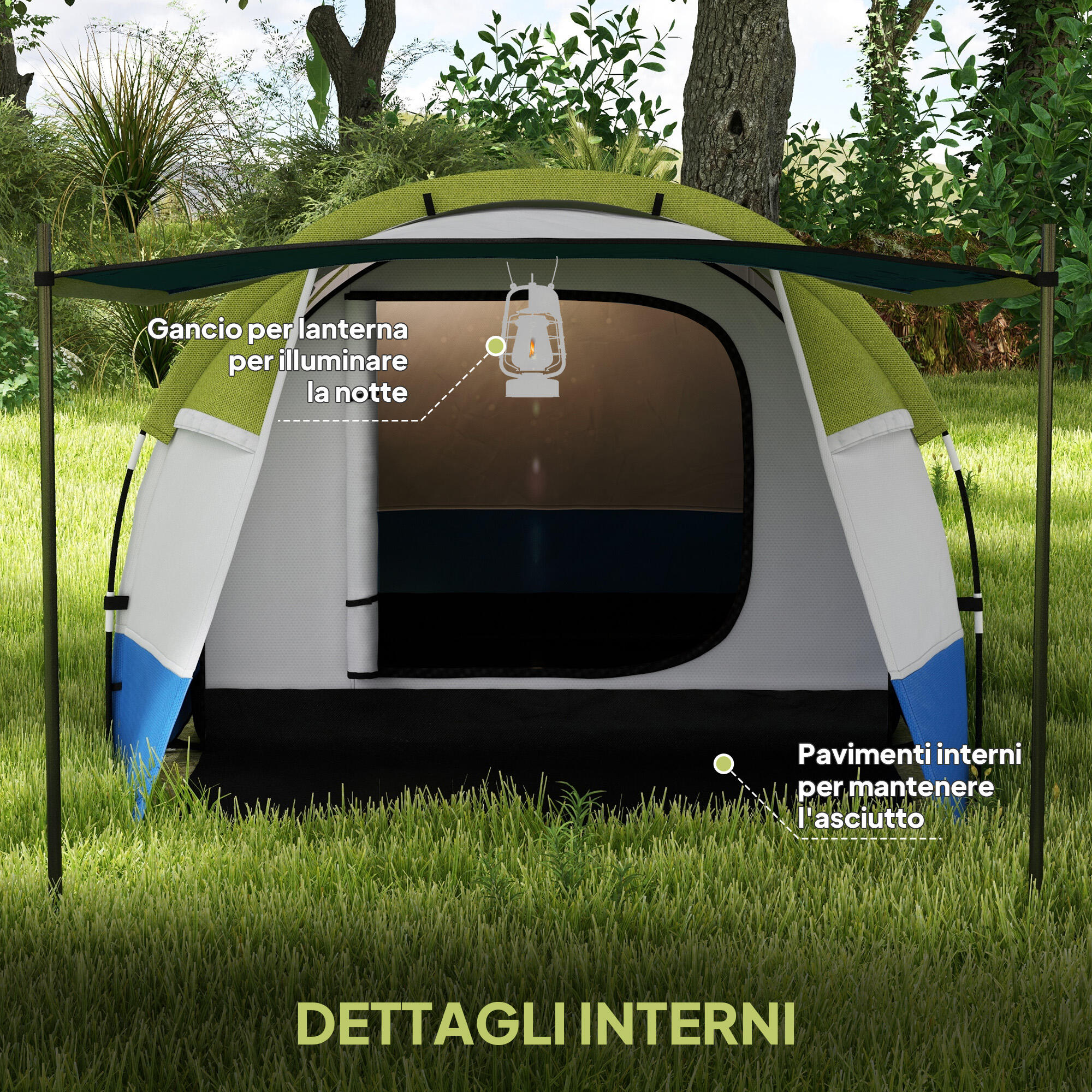 Outsunny Tenda da Campeggio 2-3 Posti Impermeabile con 2 Aree e 3 Ingressi Verde 6/8