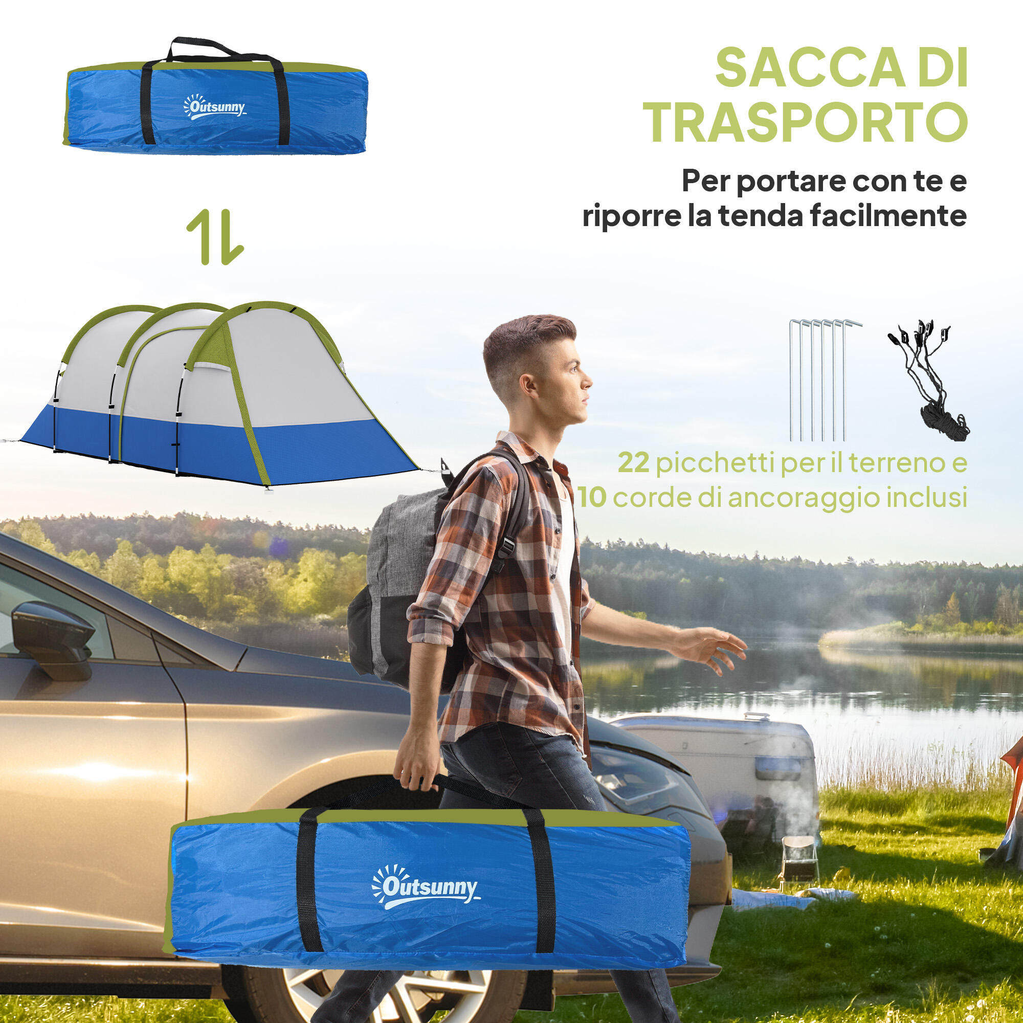 Outsunny Tenda da Campeggio 2-3 Posti Impermeabile con 2 Aree e 3 Ingressi Verde 7/8