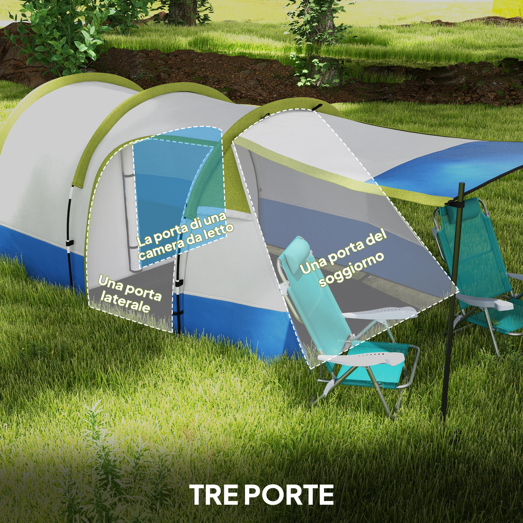 Outsunny Tenda da Campeggio 2-3 Posti Impermeabile con 2 Aree e 3 Ingressi Verde 5/8