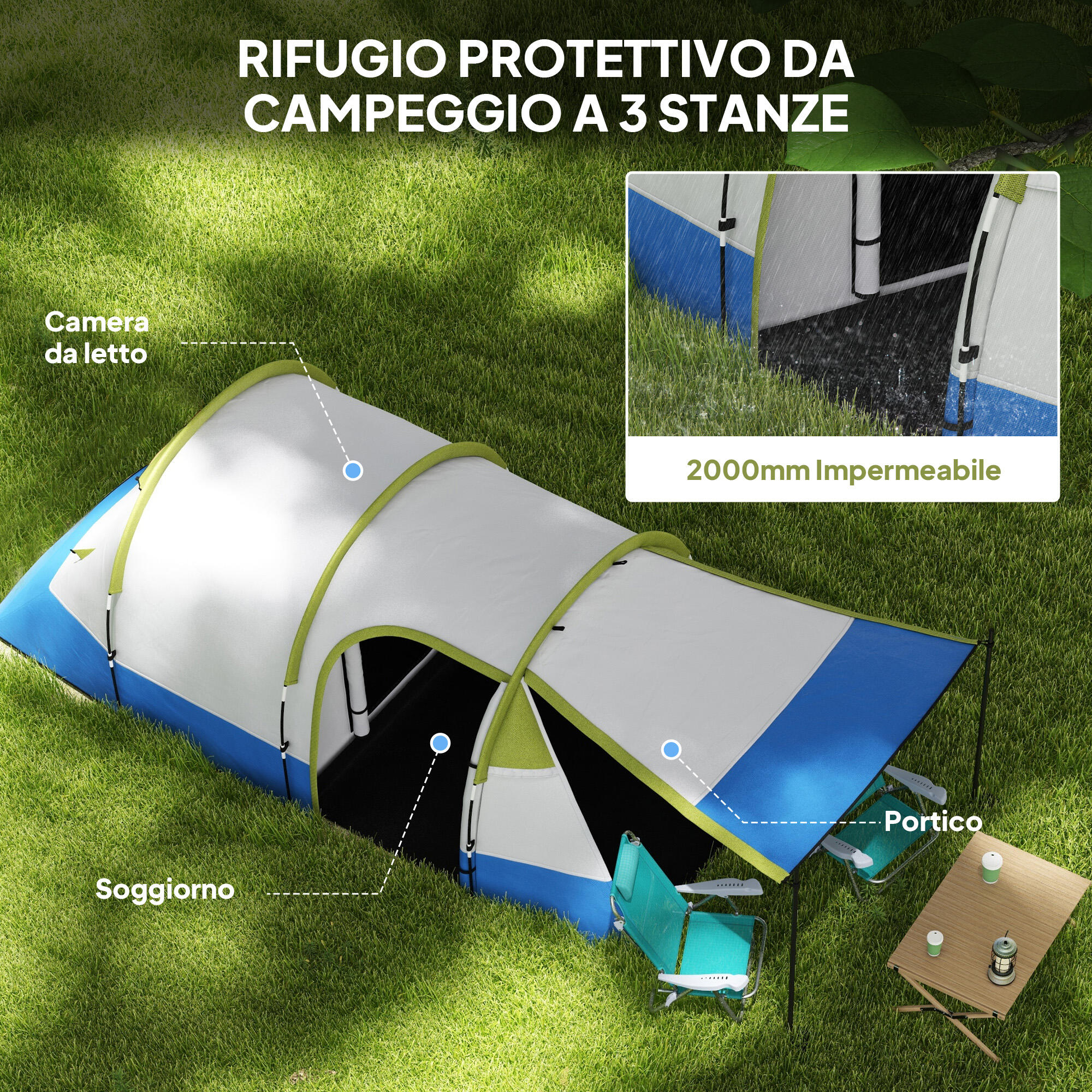 Outsunny Tenda da Campeggio 2-3 Posti Impermeabile con 2 Aree e 3 Ingressi Verde 4/8