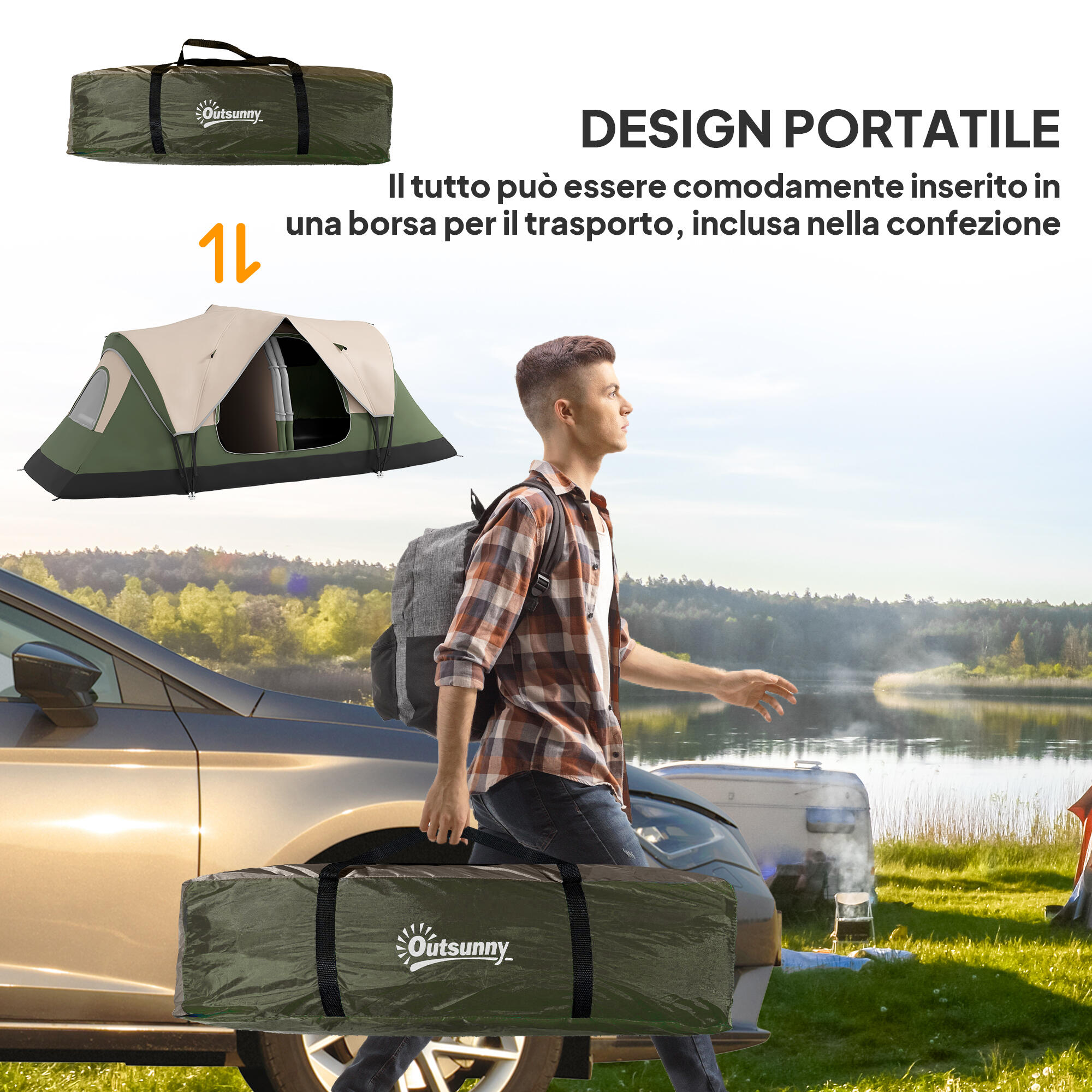 Outsunny Tenda da Campeggio 6 Posti con 2 Stanze Separate Verde Scuro 6/6