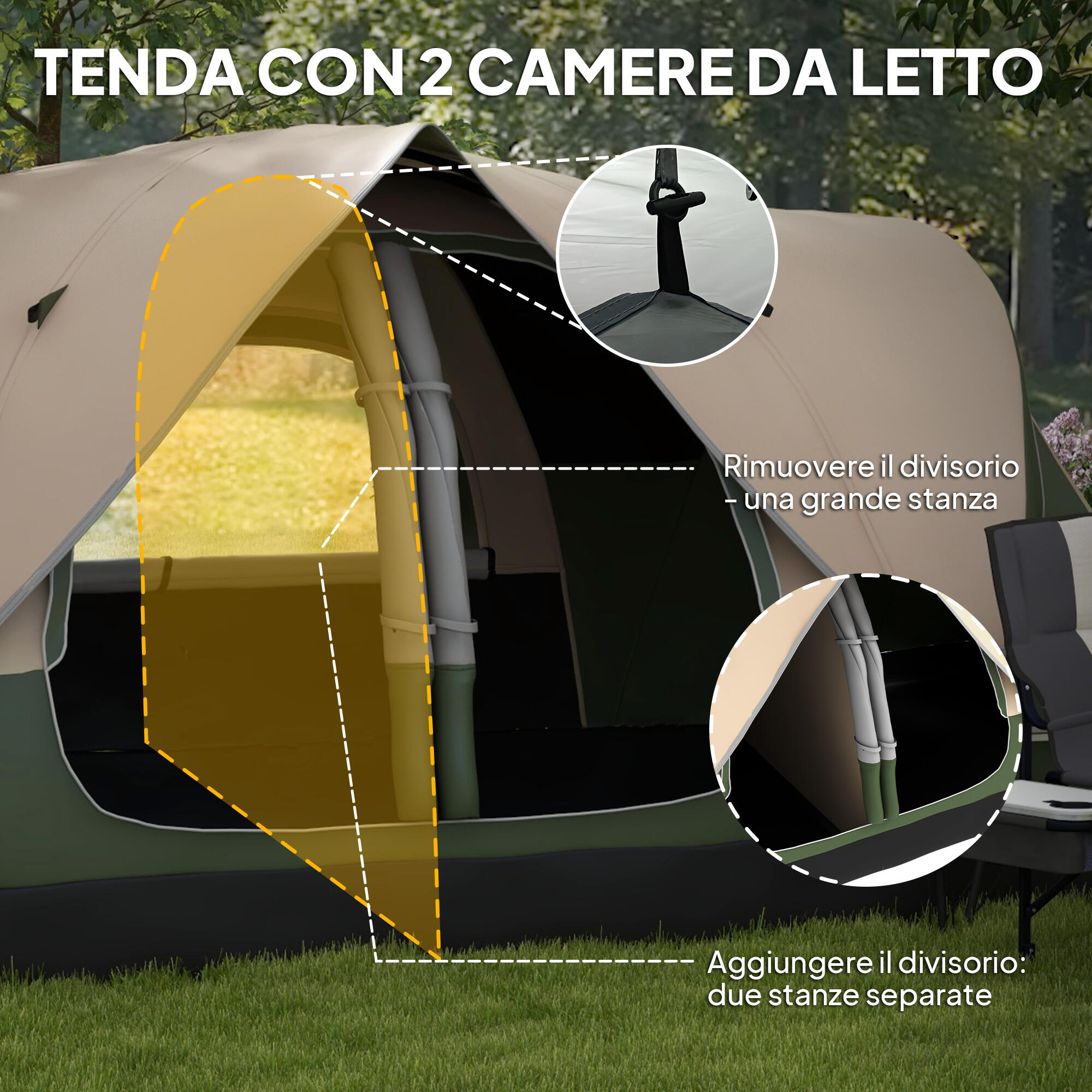 Outsunny Tenda da Campeggio 6 Posti con 2 Stanze Separate Verde Scuro 4/6