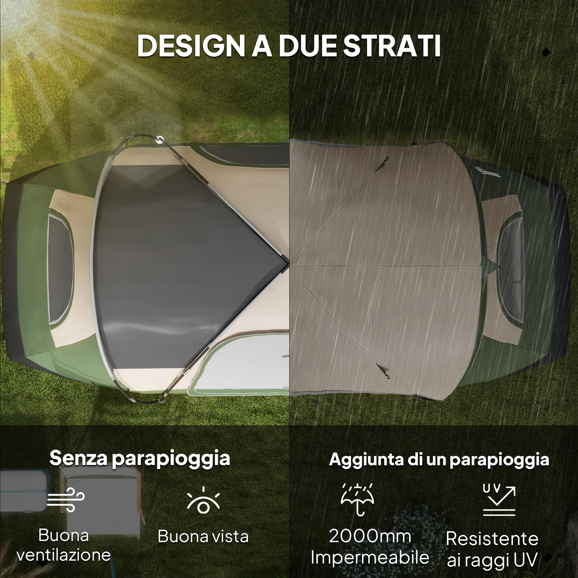 Outsunny Tenda da Campeggio 6 Posti con 2 Stanze Separate Verde Scuro 3/6
