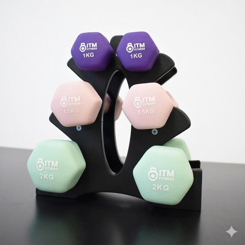 ITM Fitness 9kg Neoprene Dumbbell Set with Stand – 3 Pairs