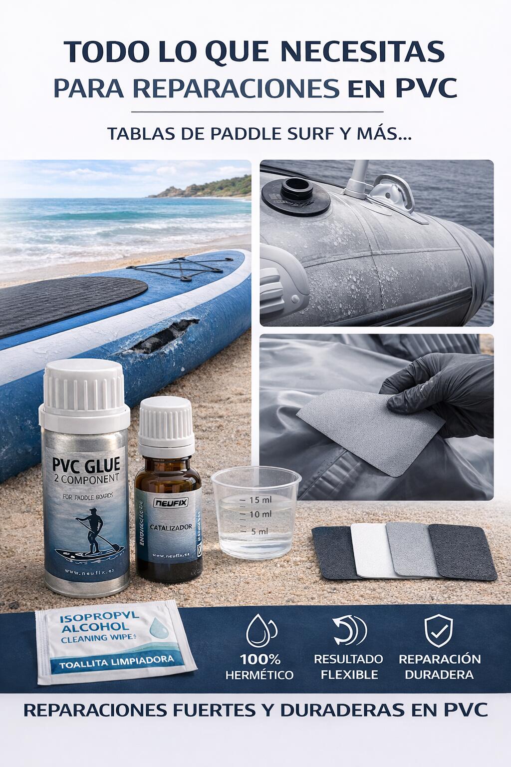 NEUFIX Kit Riparazione PVC – Adesivo Nautico per Gommoni, Kayak e SUP 6/7