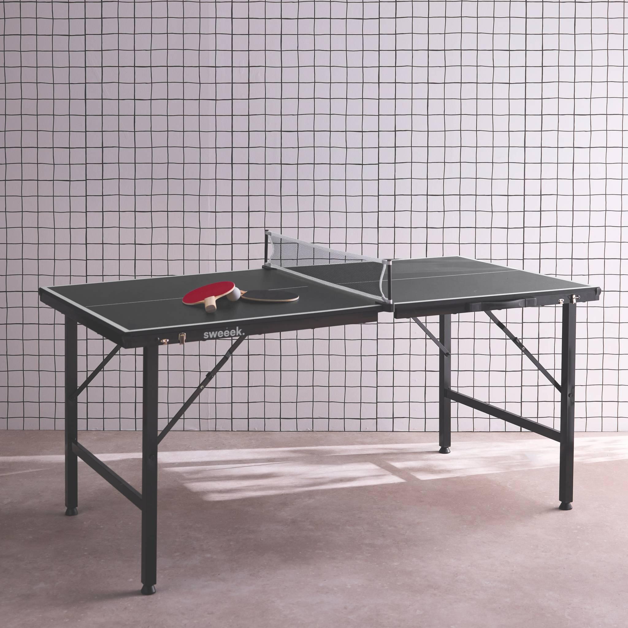 Mini mesa de ping pong interior plegable con 2 raquetas y 3 pelotas, 150cm, 2/5