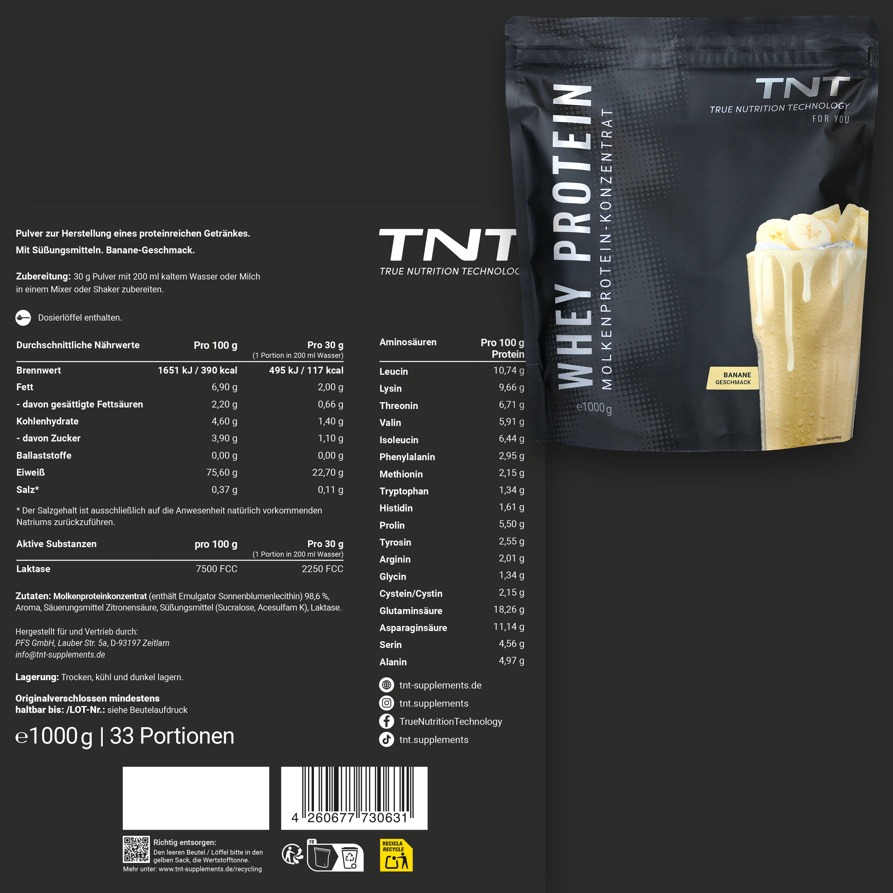 Whey Protein Konzentrat / Eiweißpulver - Banane (1000g) 2/7