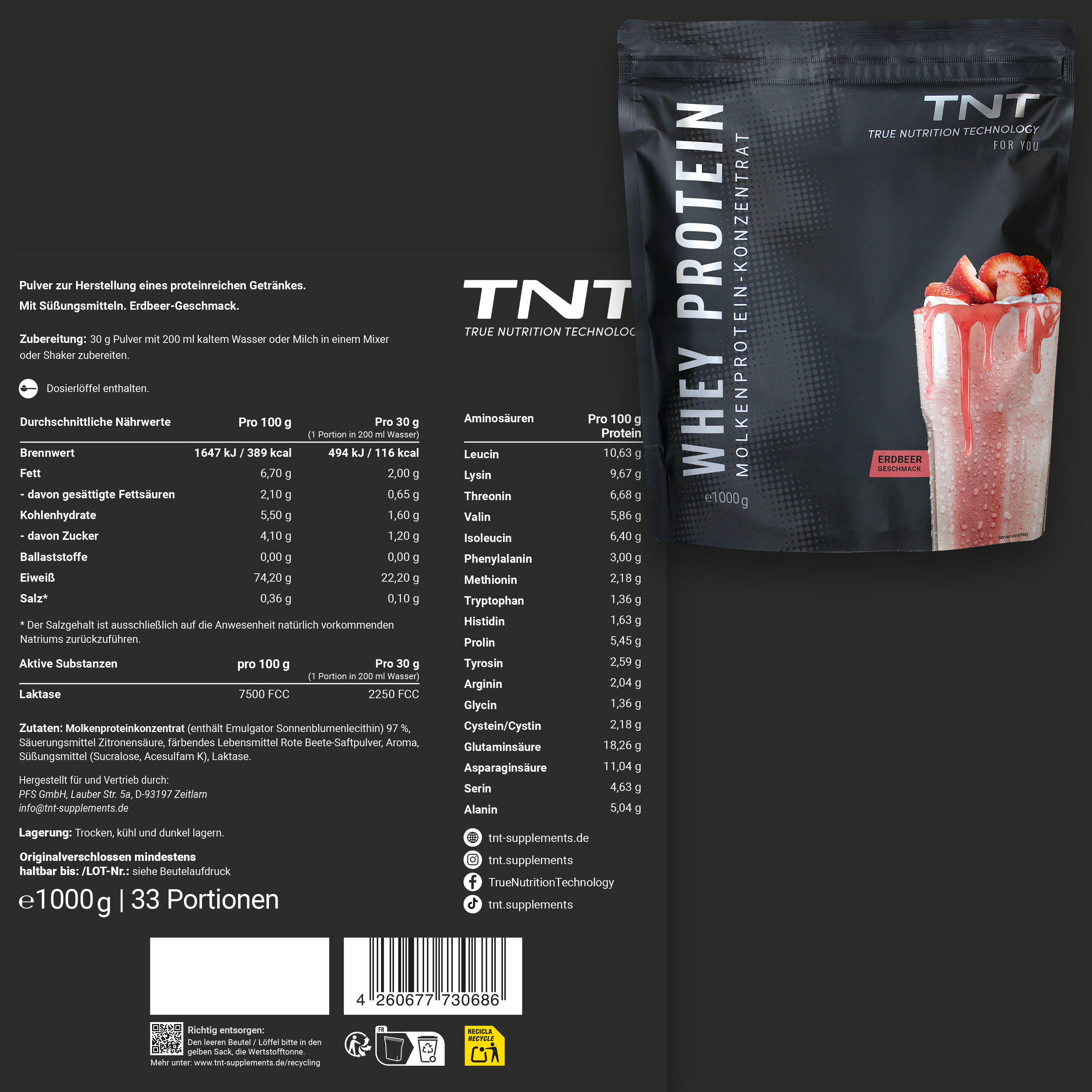 Whey Protein Konzentrat / Eiweißpulver - Erdbeer (1000g) 2/7