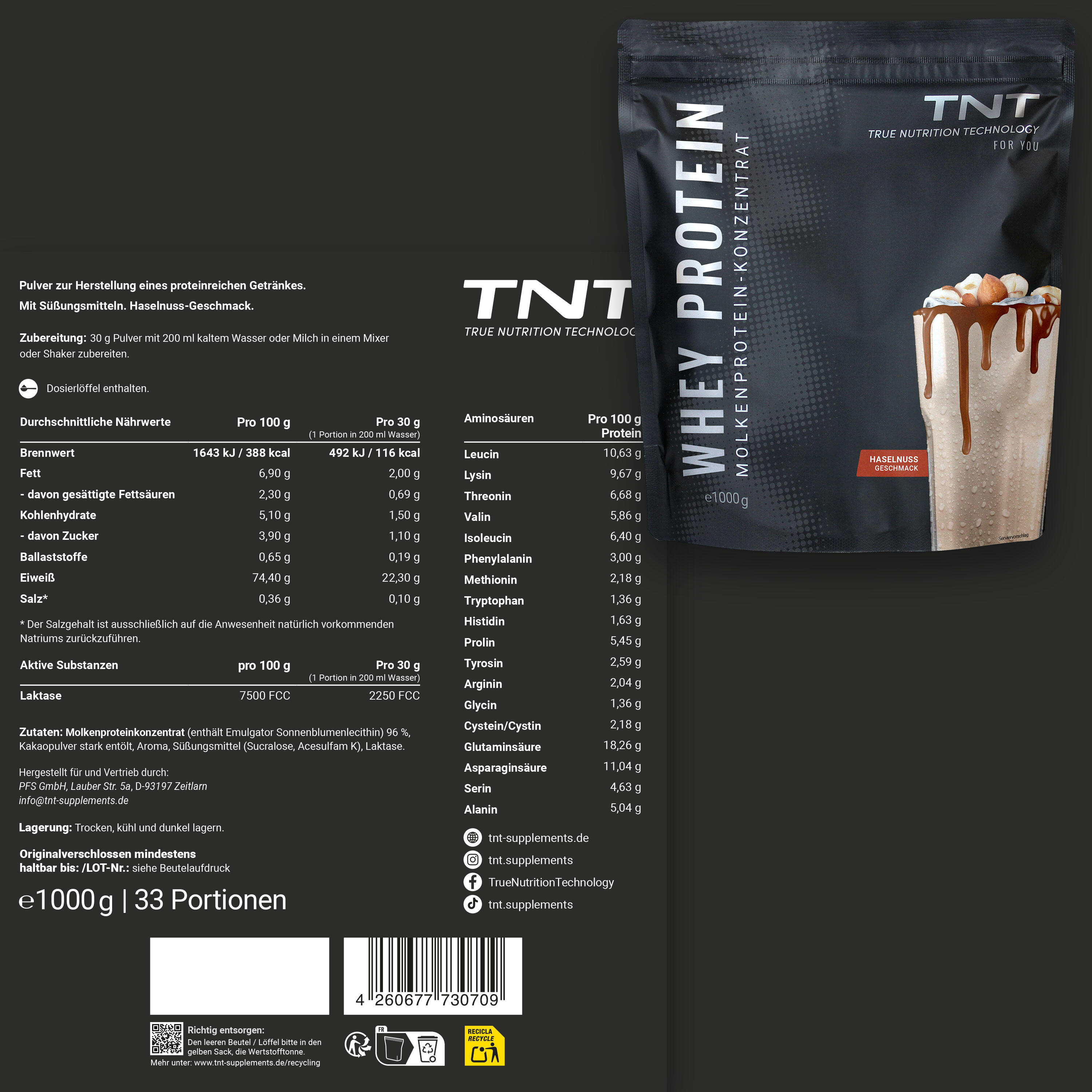 Whey Protein Konzentrat / Eiweißpulver - Haselnuss (1000g) 2/7