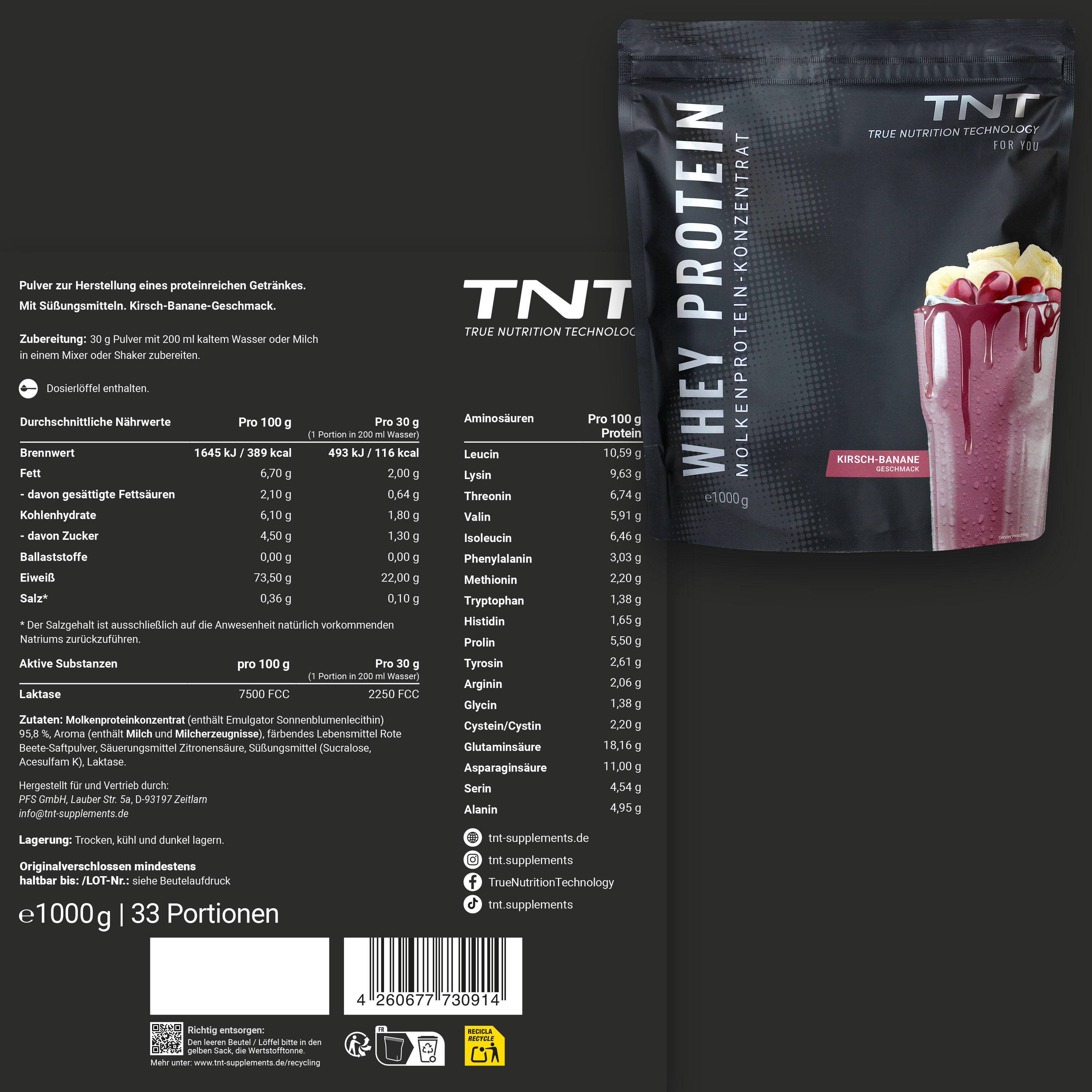 Whey Protein Konzentrat / Eiweißpulver - Kirsch-Banane (1000g) 2/7
