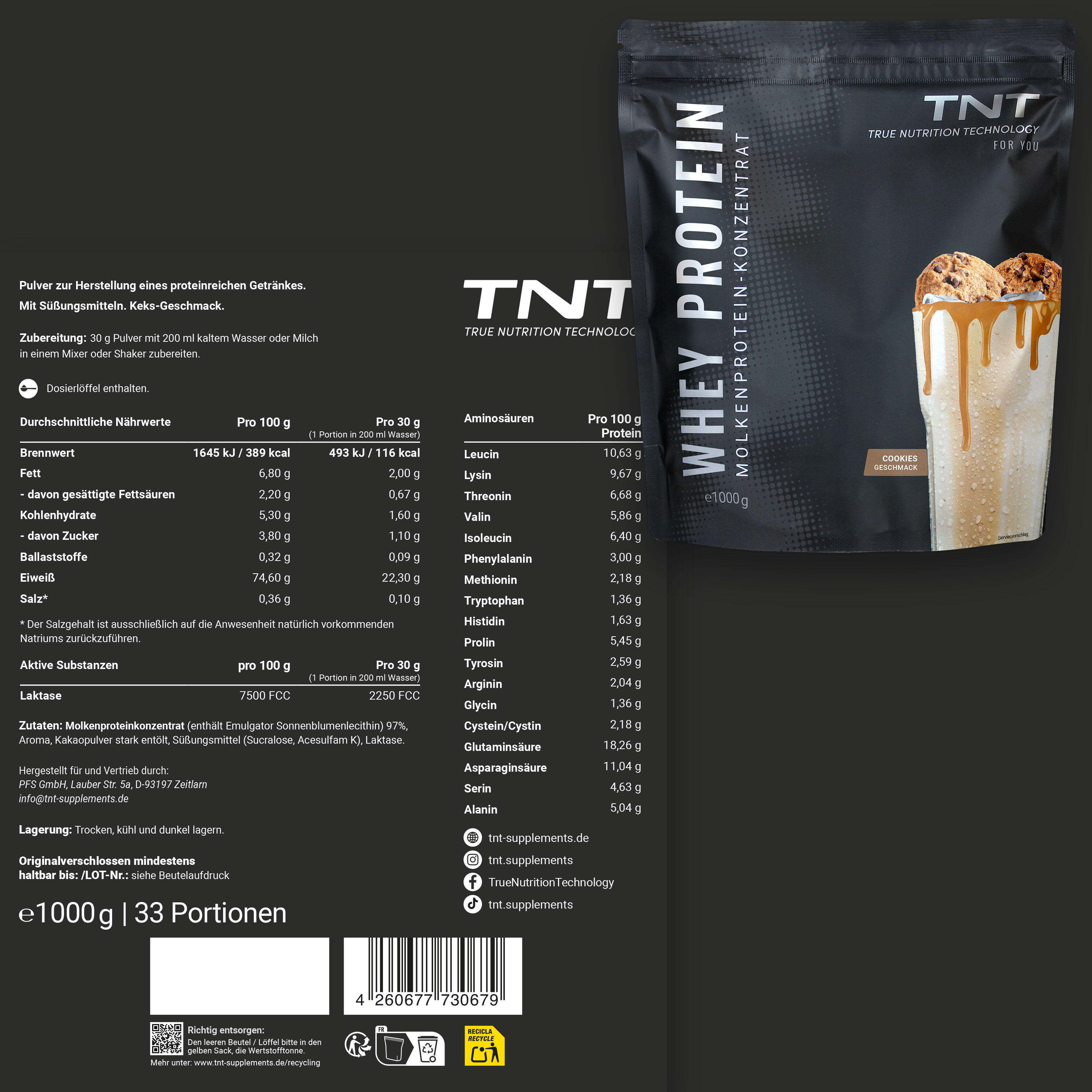 Whey Protein Konzentrat / Eiweißpulver - Cookies (1000g) 2/7