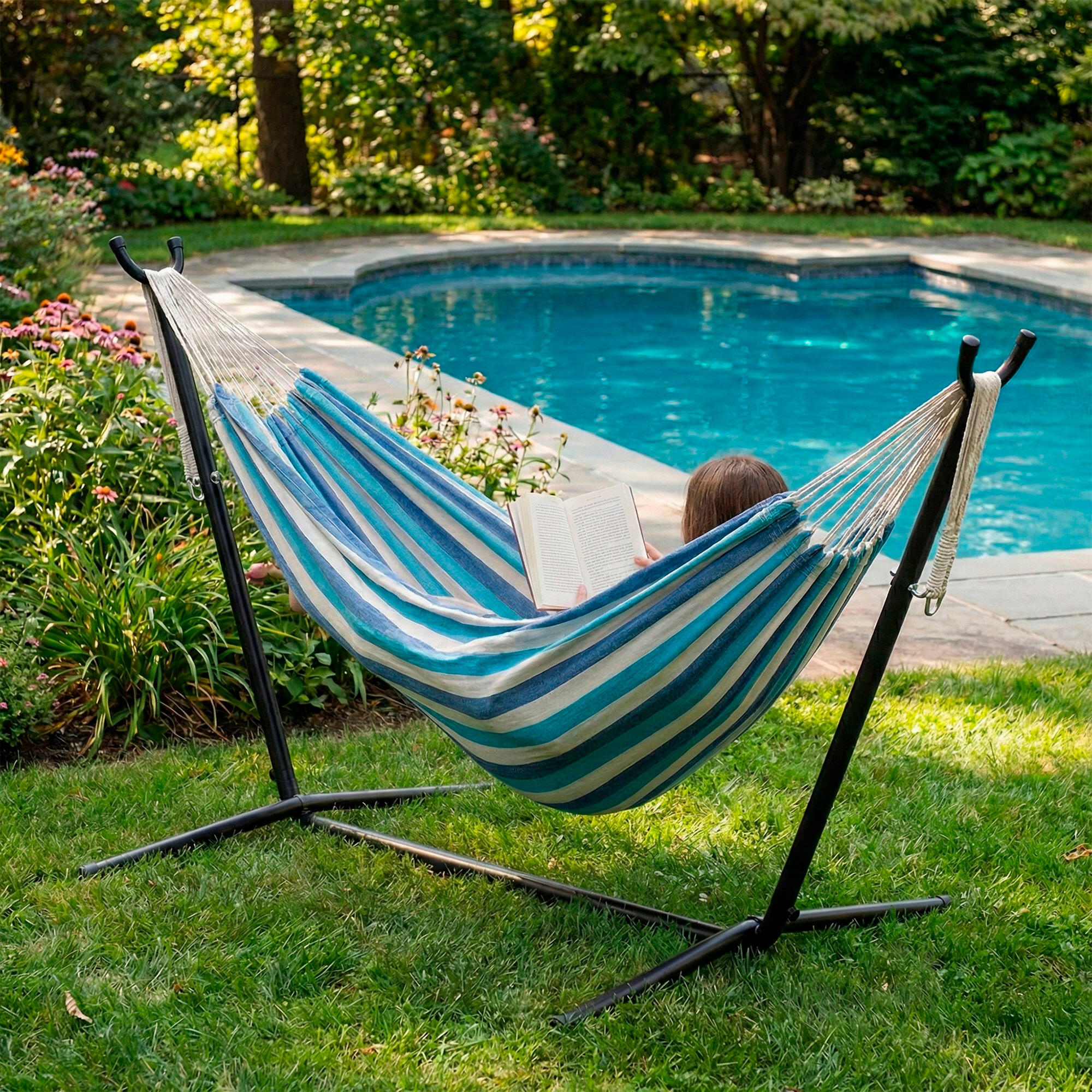 Hamac autoportant avec structure en acier et tissu en polyester 2/7