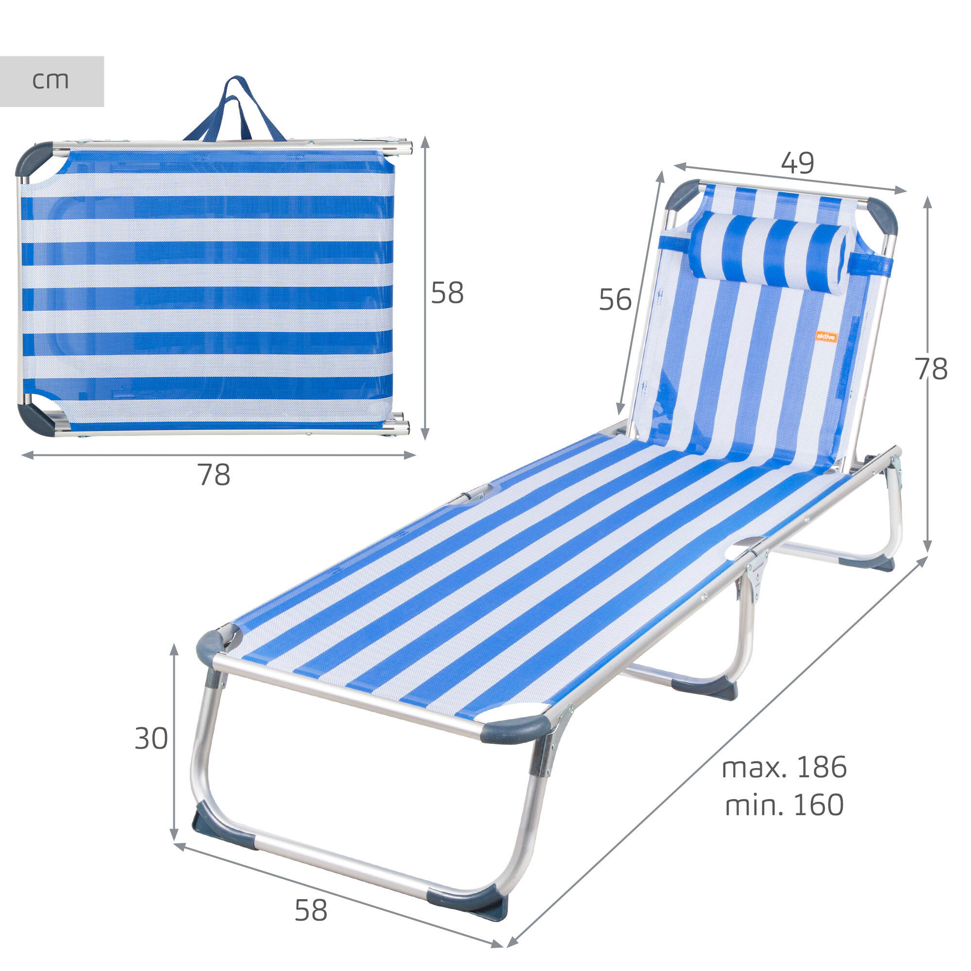 Lettino da spiaggia pieghevole Aktive 186x49x30 cm max. 110 kg 5 posizioni 4/7