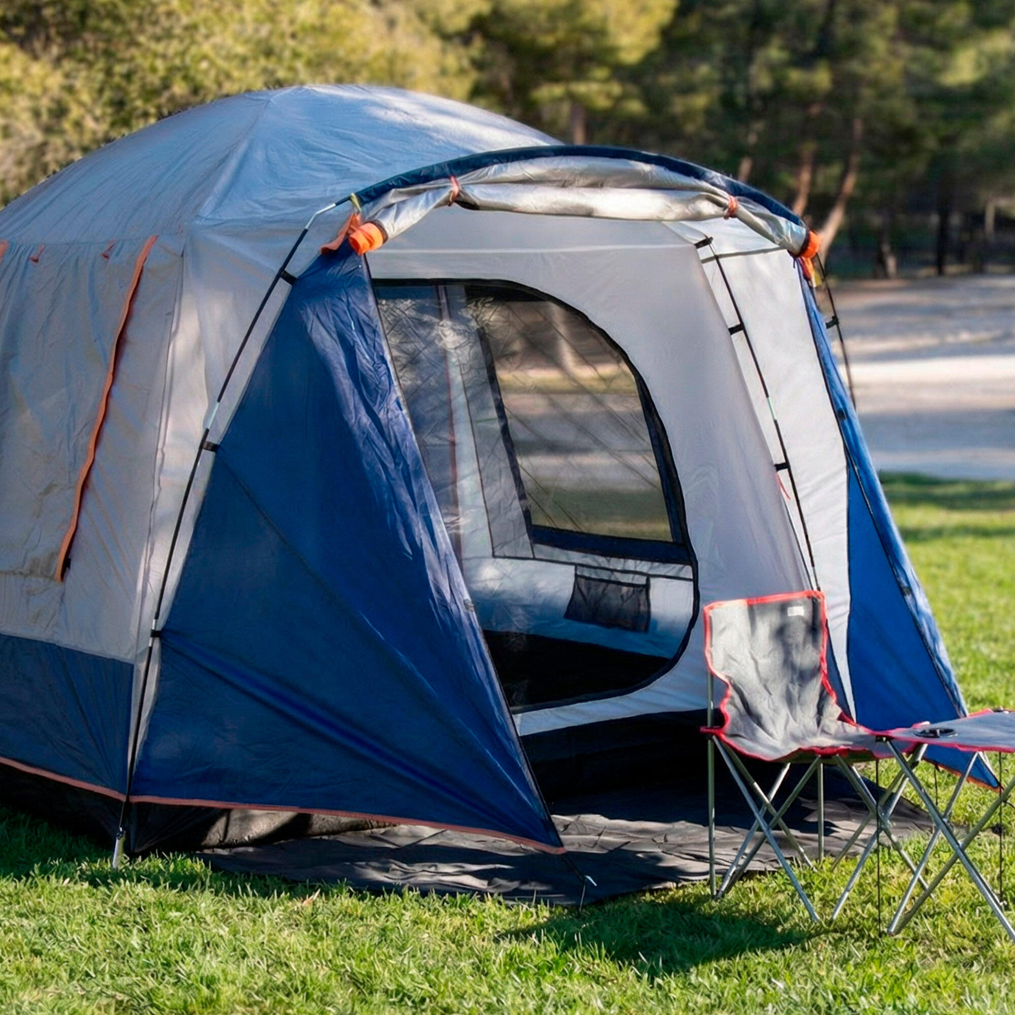 Tente 4 personnes avec auvent 250x350x200 cm grise et bleue 2/7