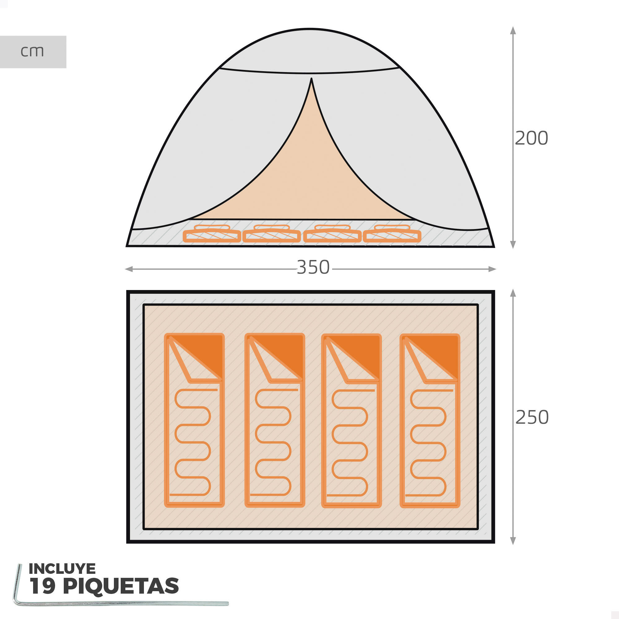 Tente 4 personnes avec auvent 250x350x200 cm grise et bleue 4/7