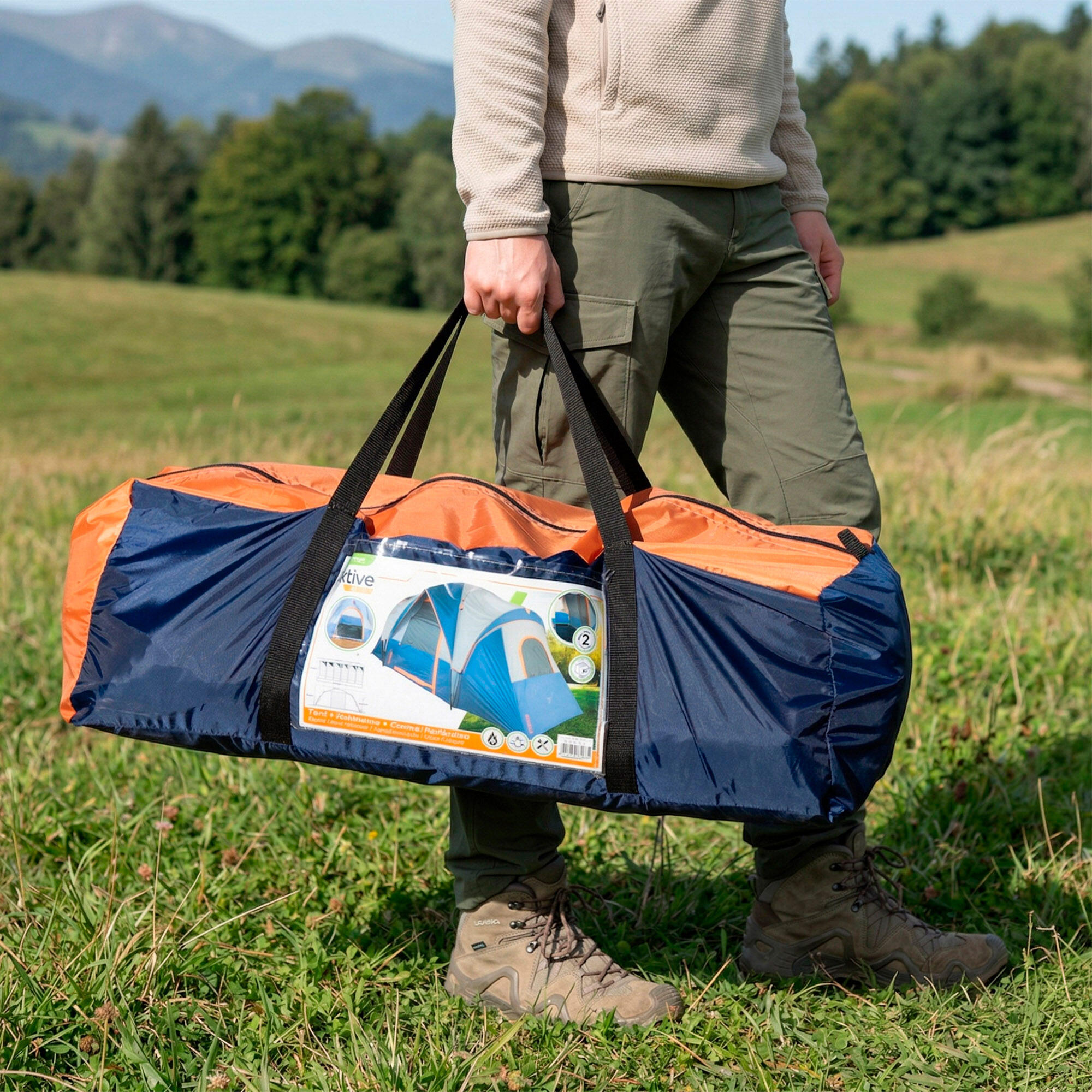 Tenda para 6 pessoas com 3 quartos, 455x220x190 cm, cinza e azul. 3/7