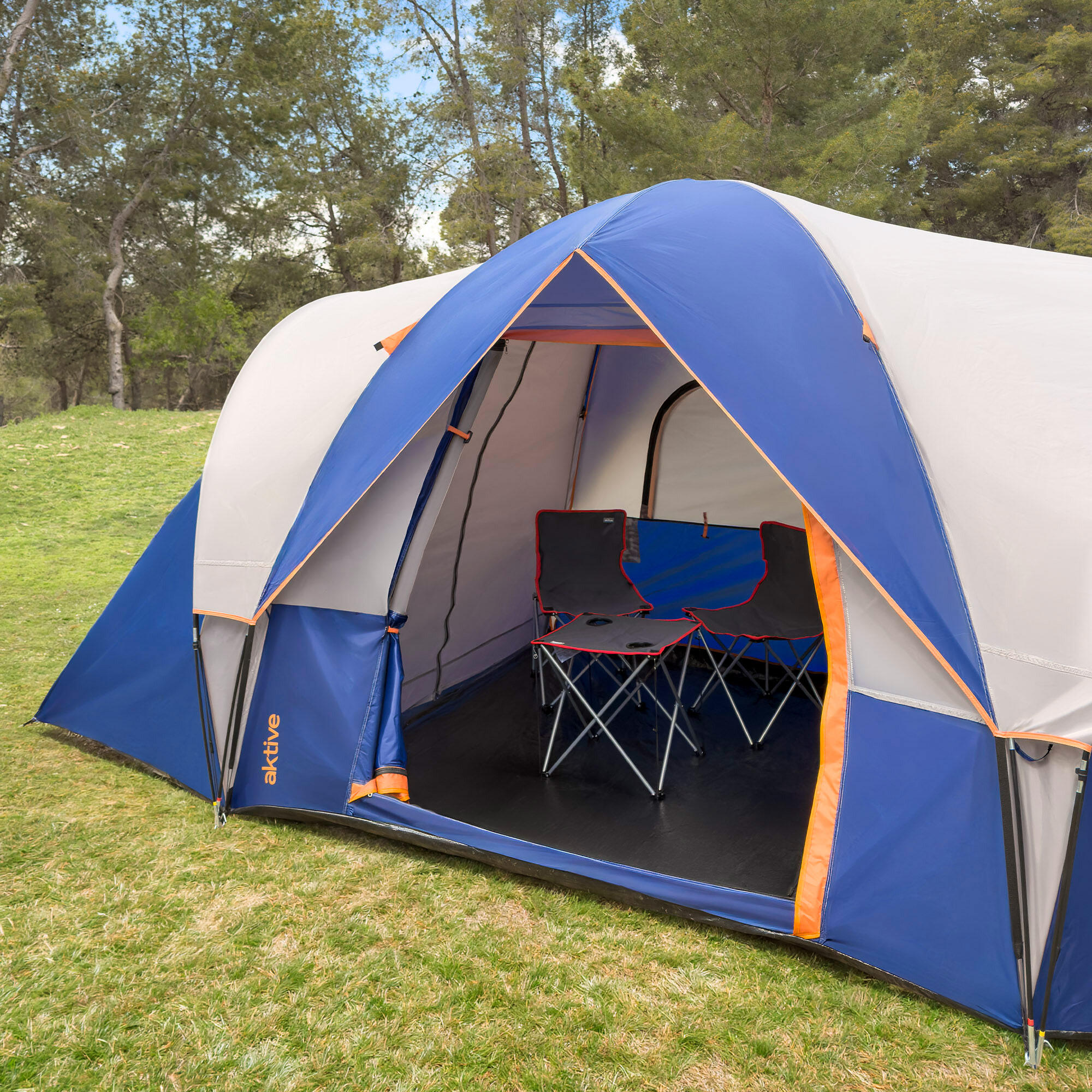 Tenda para 6 pessoas com 3 quartos, 455x220x190 cm, cinza e azul. 2/7