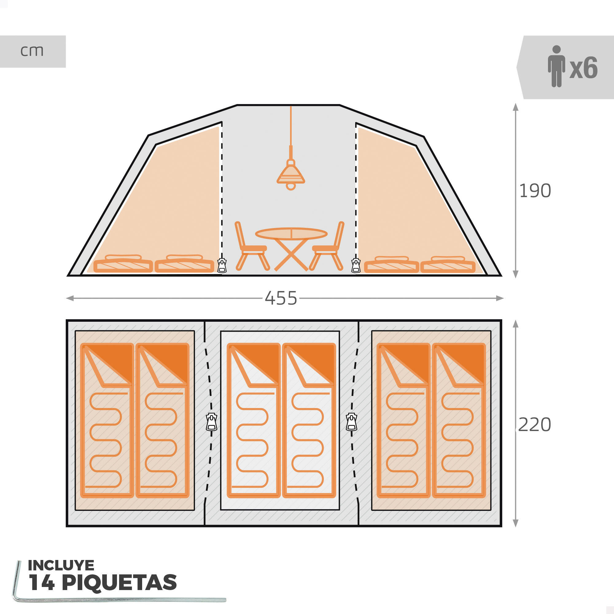 Tenda para 6 pessoas com 3 quartos, 455x220x190 cm, cinza e azul. 4/7