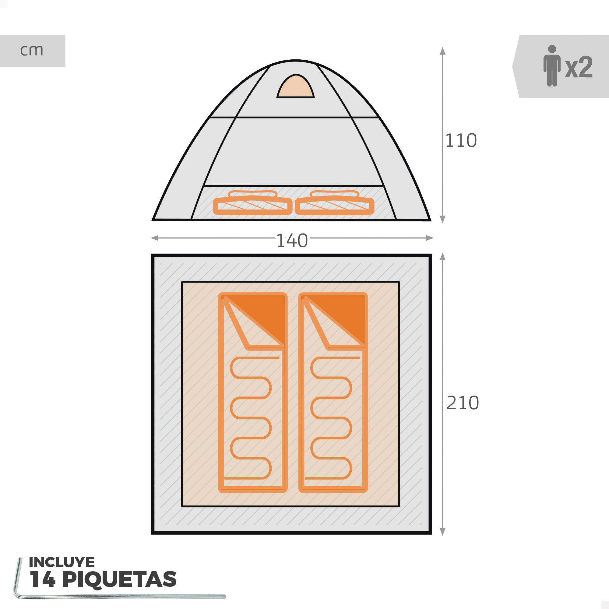 Tenda para 2 pessoas com dimensões de 140x210x110 cm, com mosquiteiro, cinza 4/7
