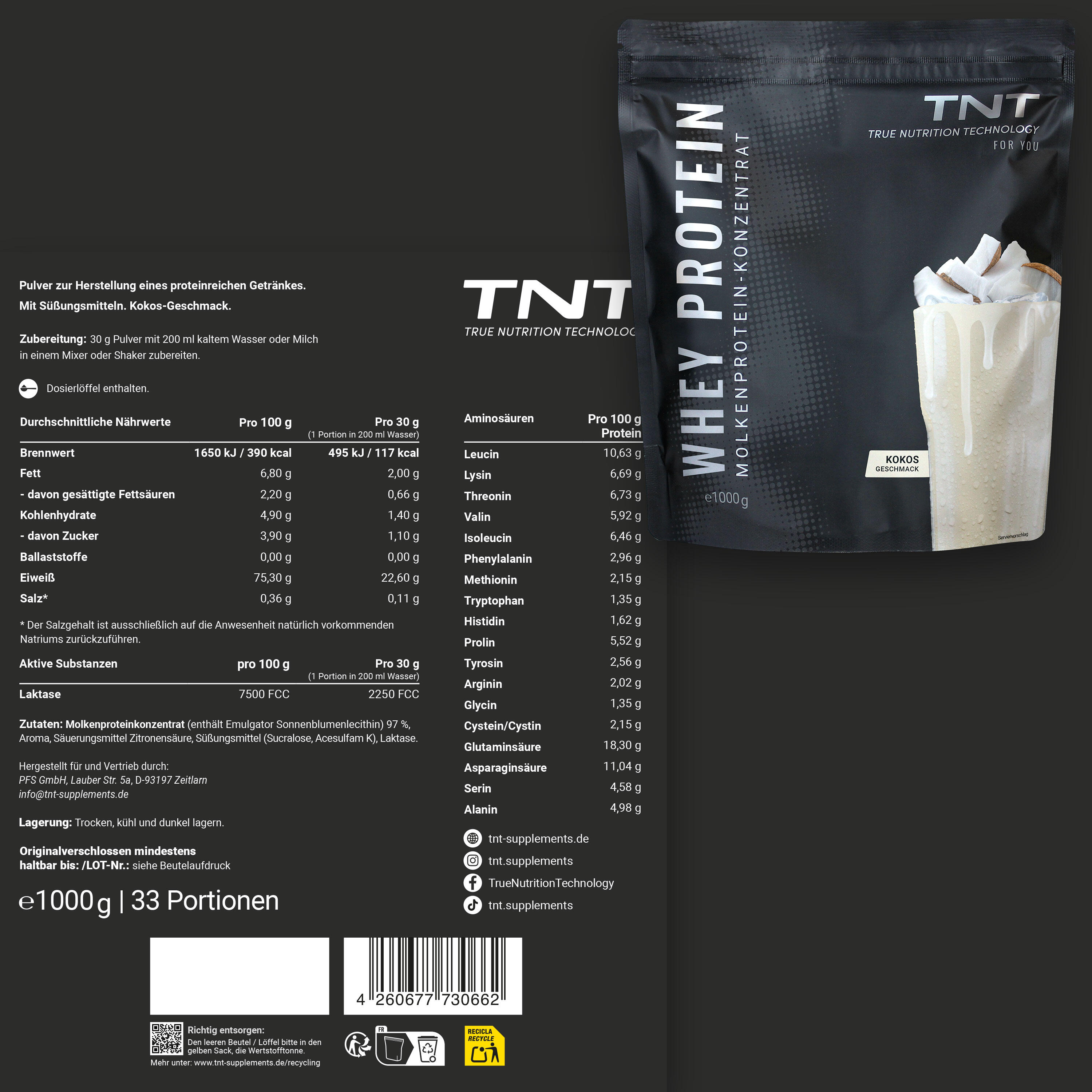 Whey Protein Konzentrat / Eiweißpulver - Kokos (1000g) 2/7
