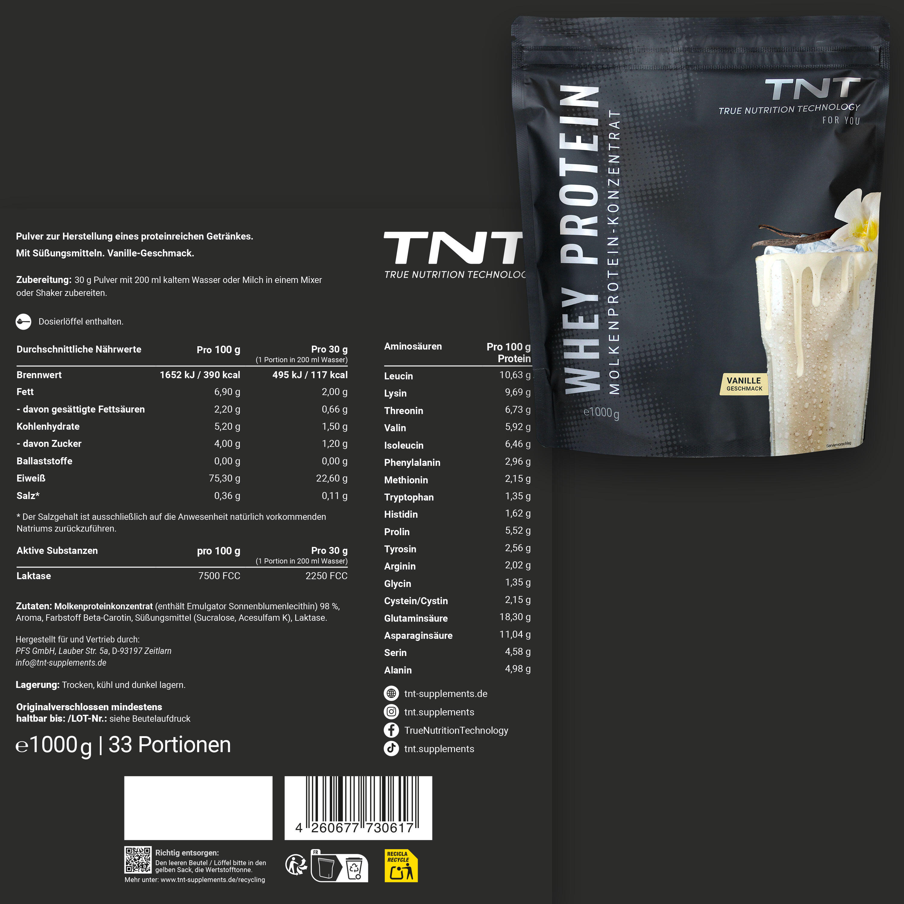 Whey Protein Konzentrat / Eiweißpulver - Vanille (1000g) 2/7