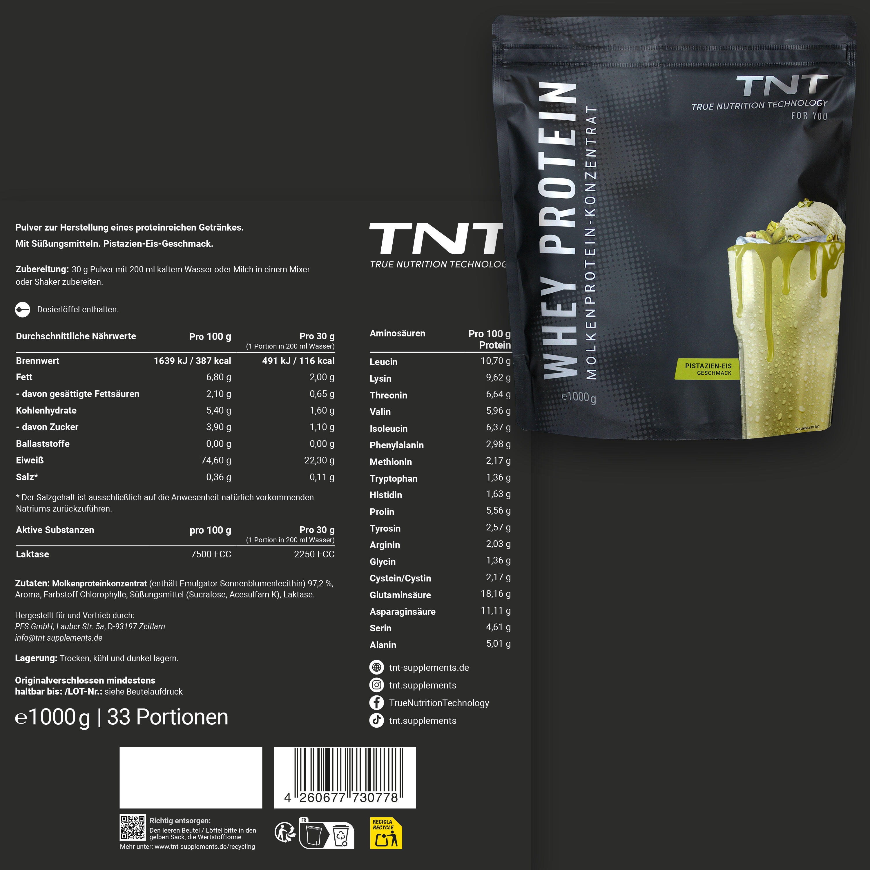 Whey Protein Konzentrat / Eiweißpulver - Pistazien-Eis (1000g) 2/7