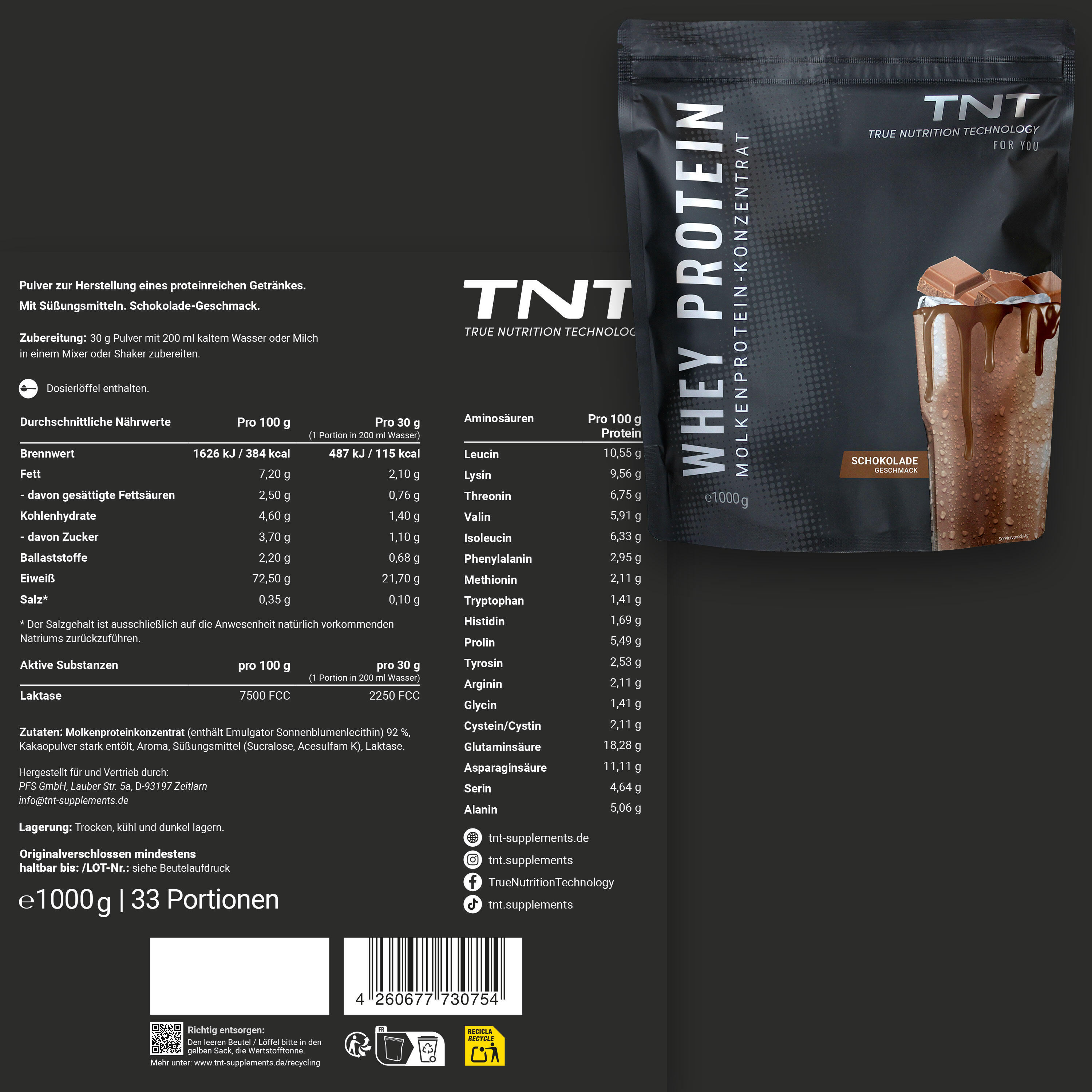 Whey Protein Konzentrat / Eiweißpulver - Schokolade (1000g) 2/7