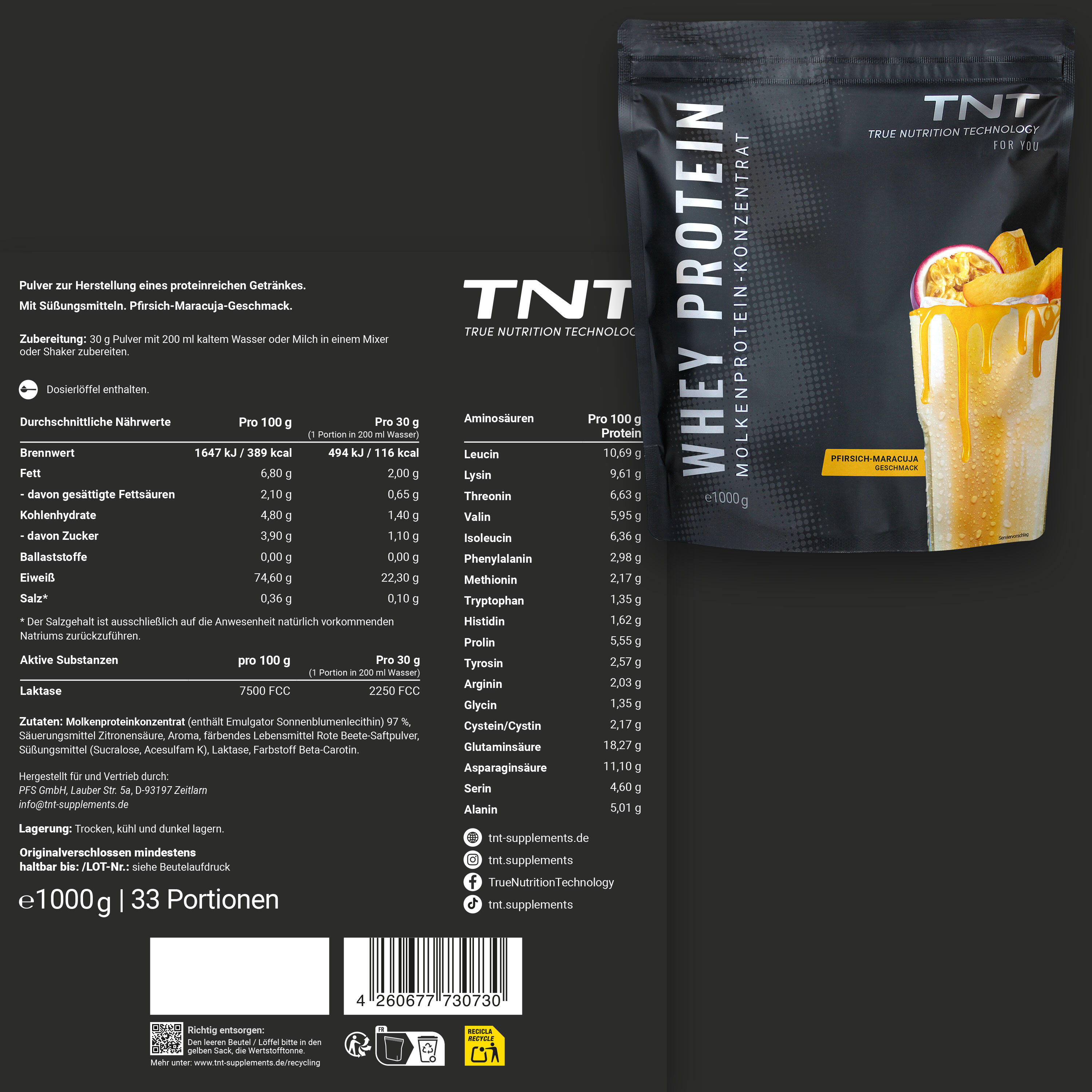 Whey Protein Konzentrat / Eiweißpulver - Pfirsich-Maracuja (1000g) 2/7