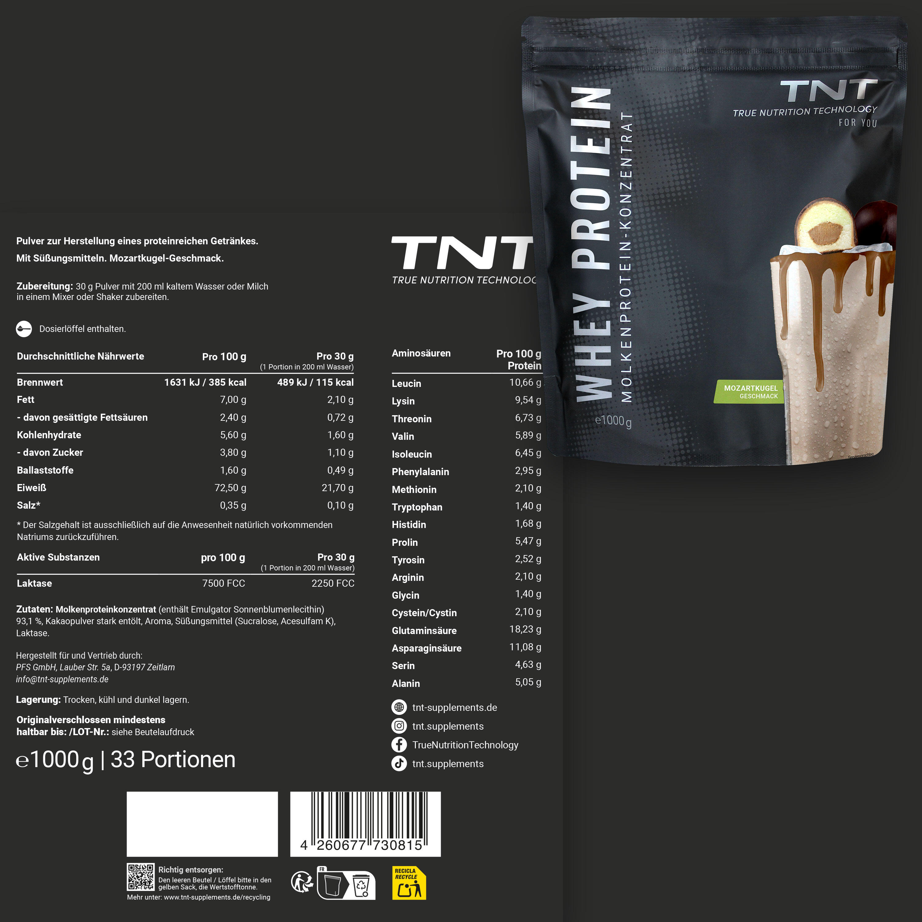 Whey Protein Konzentrat / Eiweißpulver - Mozartkugel (1000g) 2/7