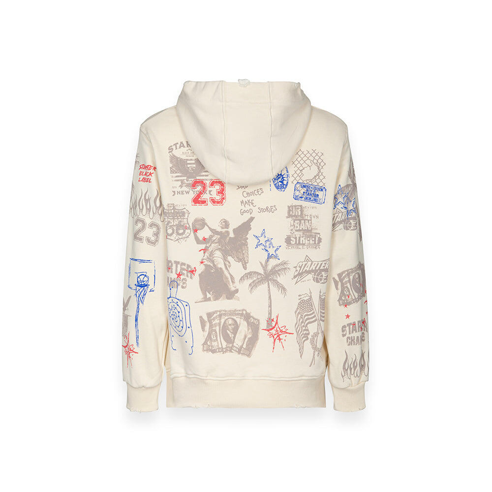 Felpa con cappuccio stampa collage all-over e grafiche mixate CREMA 2/4