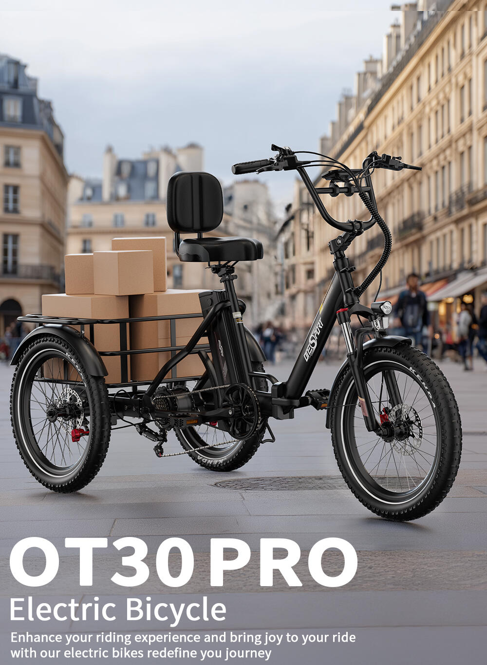 Triciclo eléctrico de carga ONESPORT OT30 PRO con neumáticos anchos de 20 pulgad 3/7