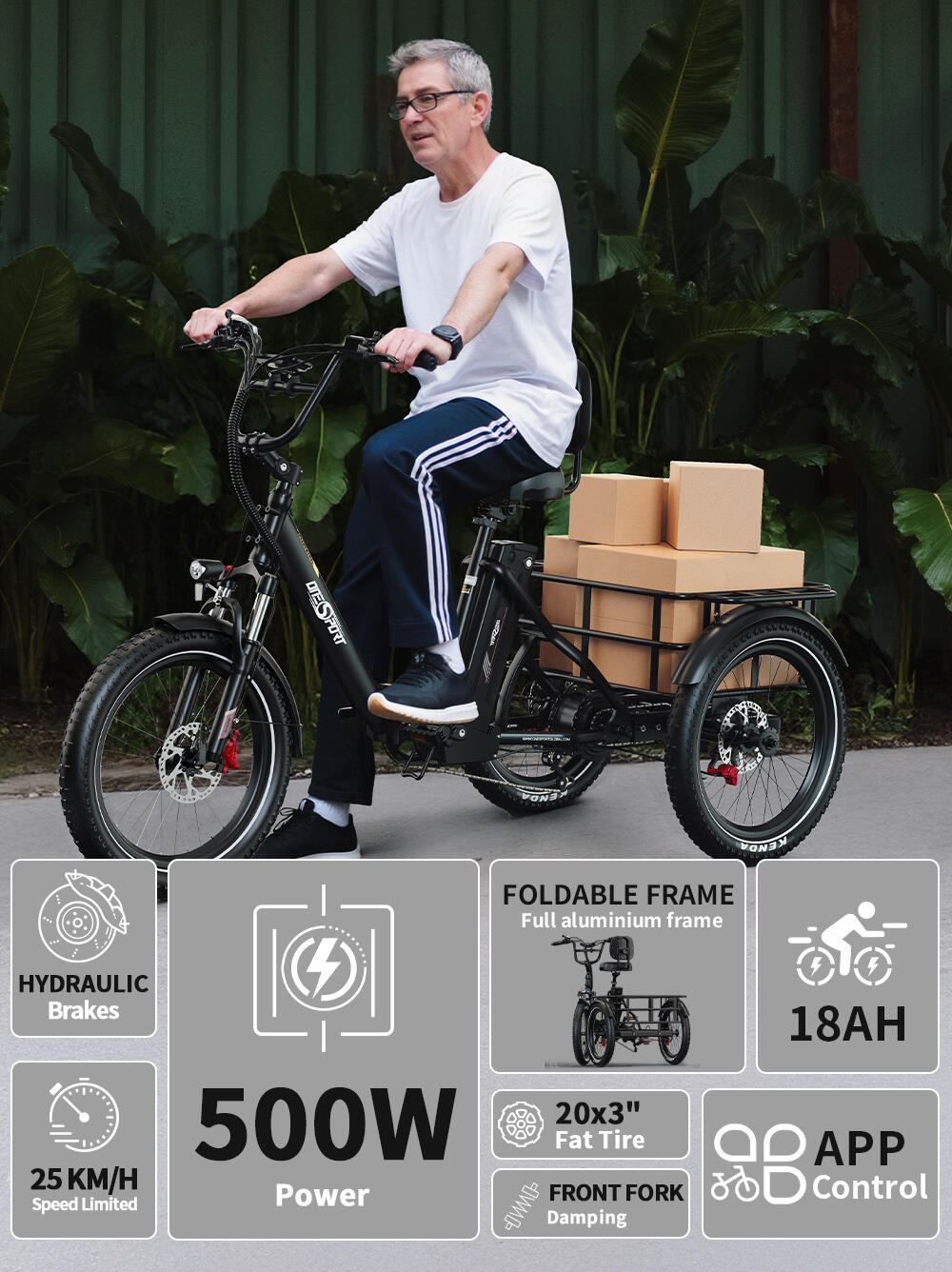 Triciclo eléctrico de carga ONESPORT OT30 PRO con neumáticos anchos de 20 pulgad 4/7
