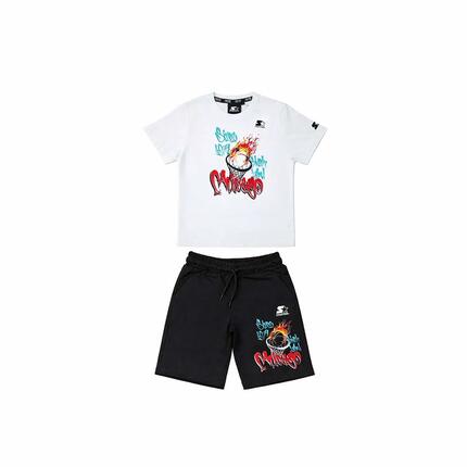 Ensemble Enfant Streetwear Graffiti Flamme Basketball Urbain Drop BLANC-NOIR