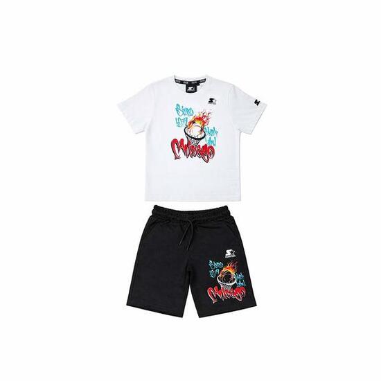 Ensemble Enfant Streetwear Graffiti Flamme Basketball Urbain Drop BLANC-NOIR