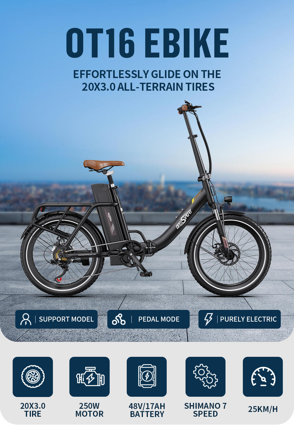 Rower elektryczny dla dorosłych ONESPORT OT16-2 – akumulator 48V 17Ah 10/15
