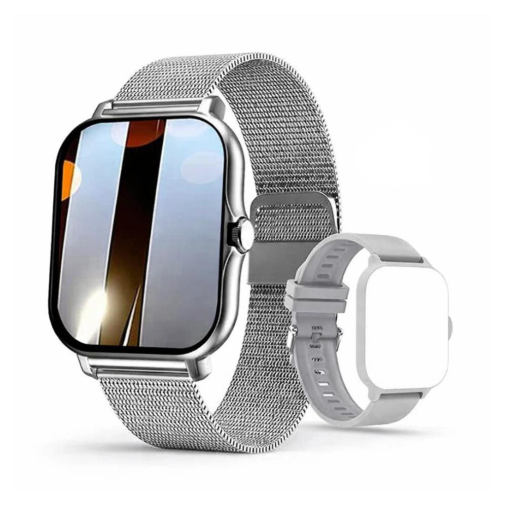 Steel Bracelet With Silicone Strap Silver Smart Fitness Watch with Large Display