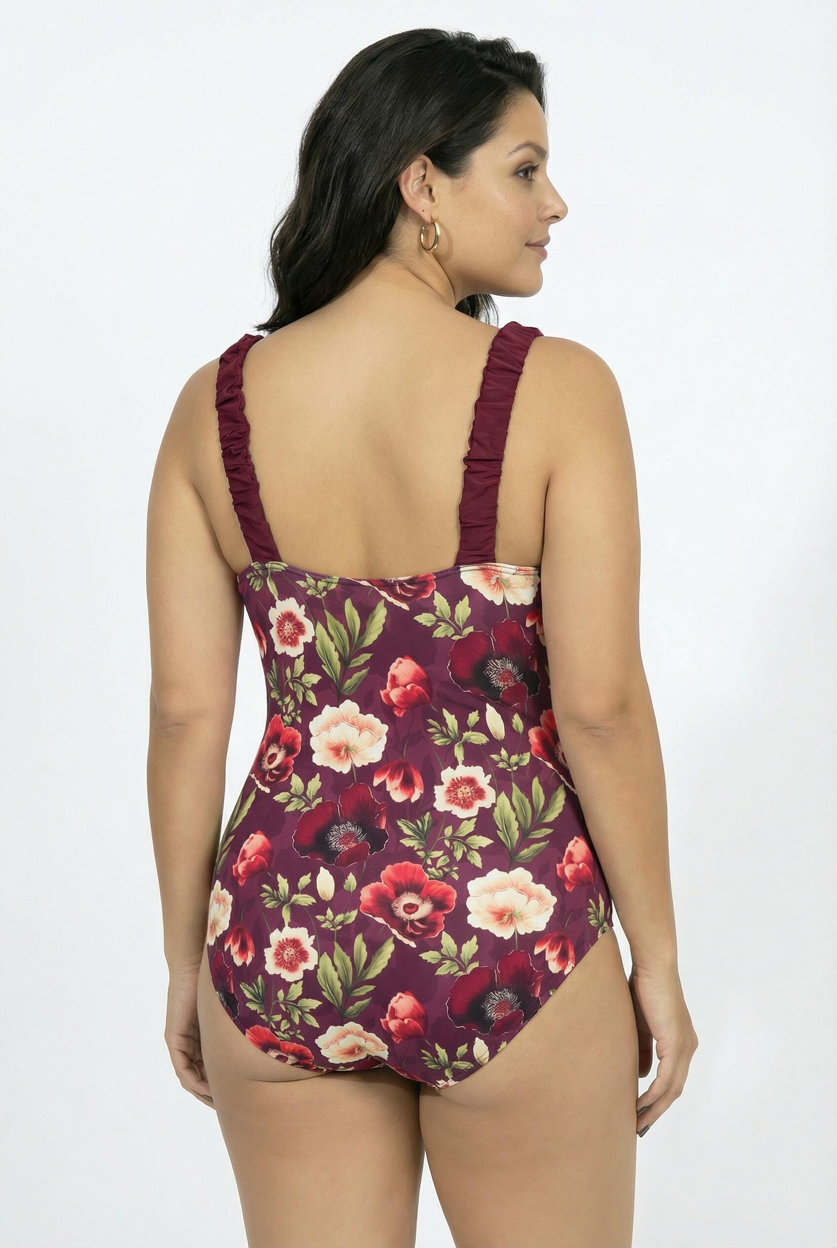 Dames Badpak bloemen zachte cups plooibandjes gerecycled 2/7