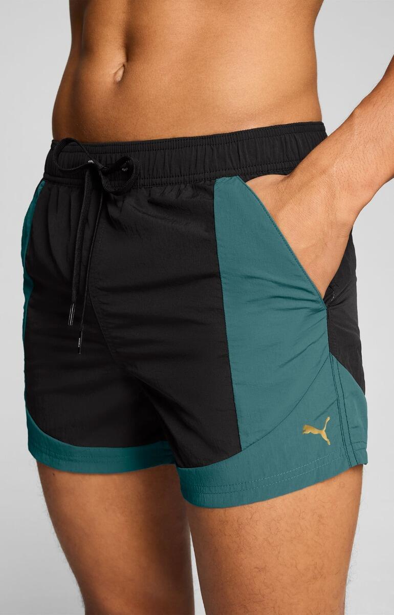 Short de bain homme - Modèle froissé à blocs de couleurs - Noir/Menthe 3/6