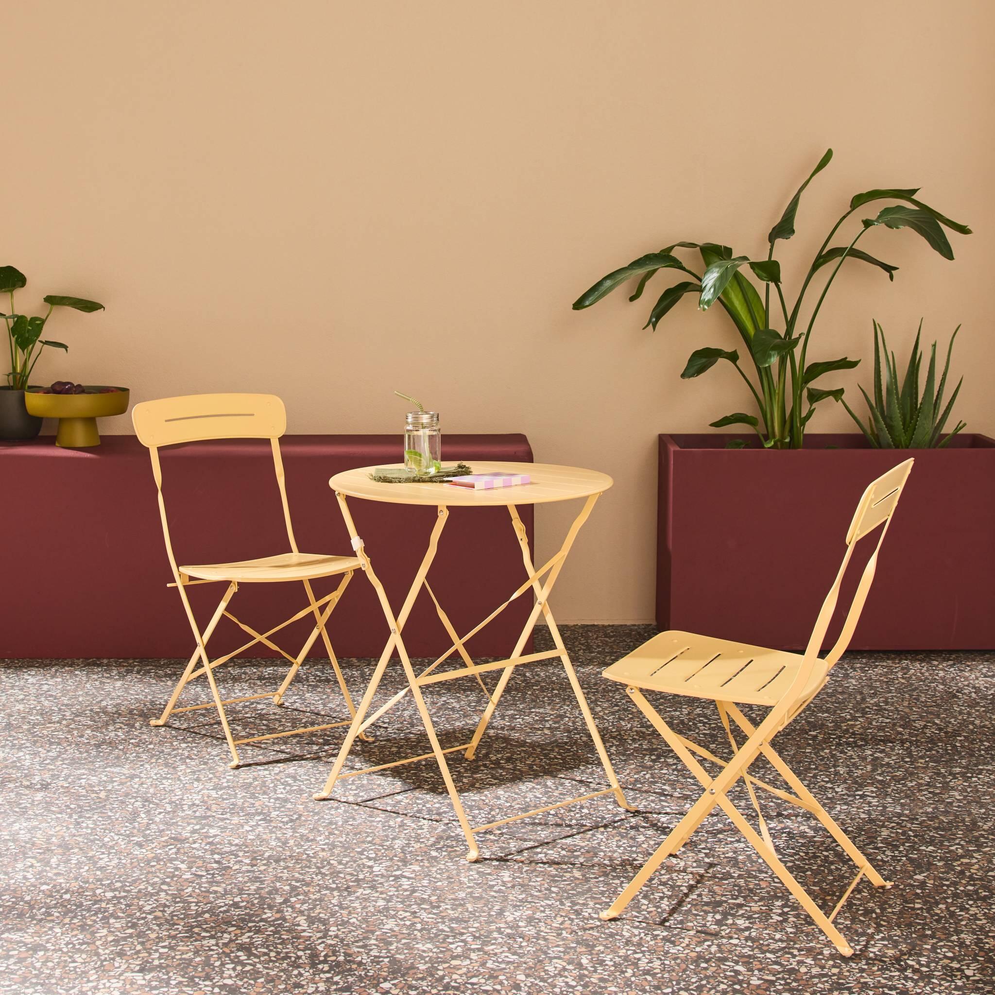 Set de jardín bistró plegable de mesa redonda de acero con 2 sillas, Albaricoque 2/5