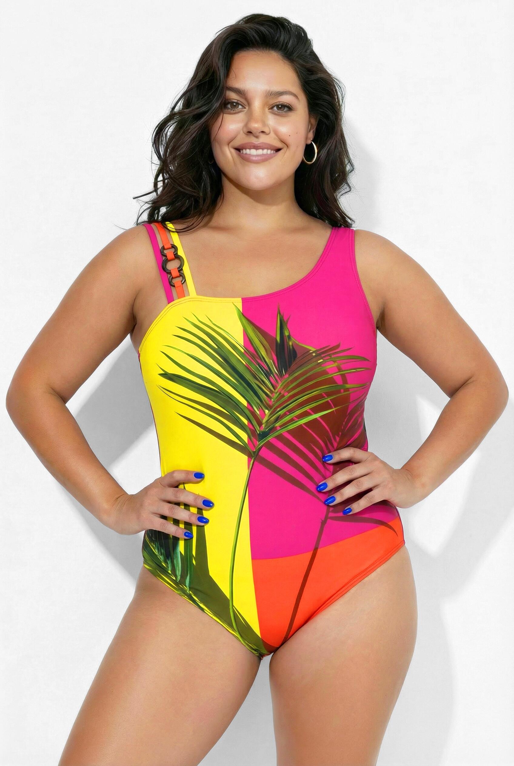 Femme Maillot de bain à bonnets souples motif palmier et bretelles triples 6/7