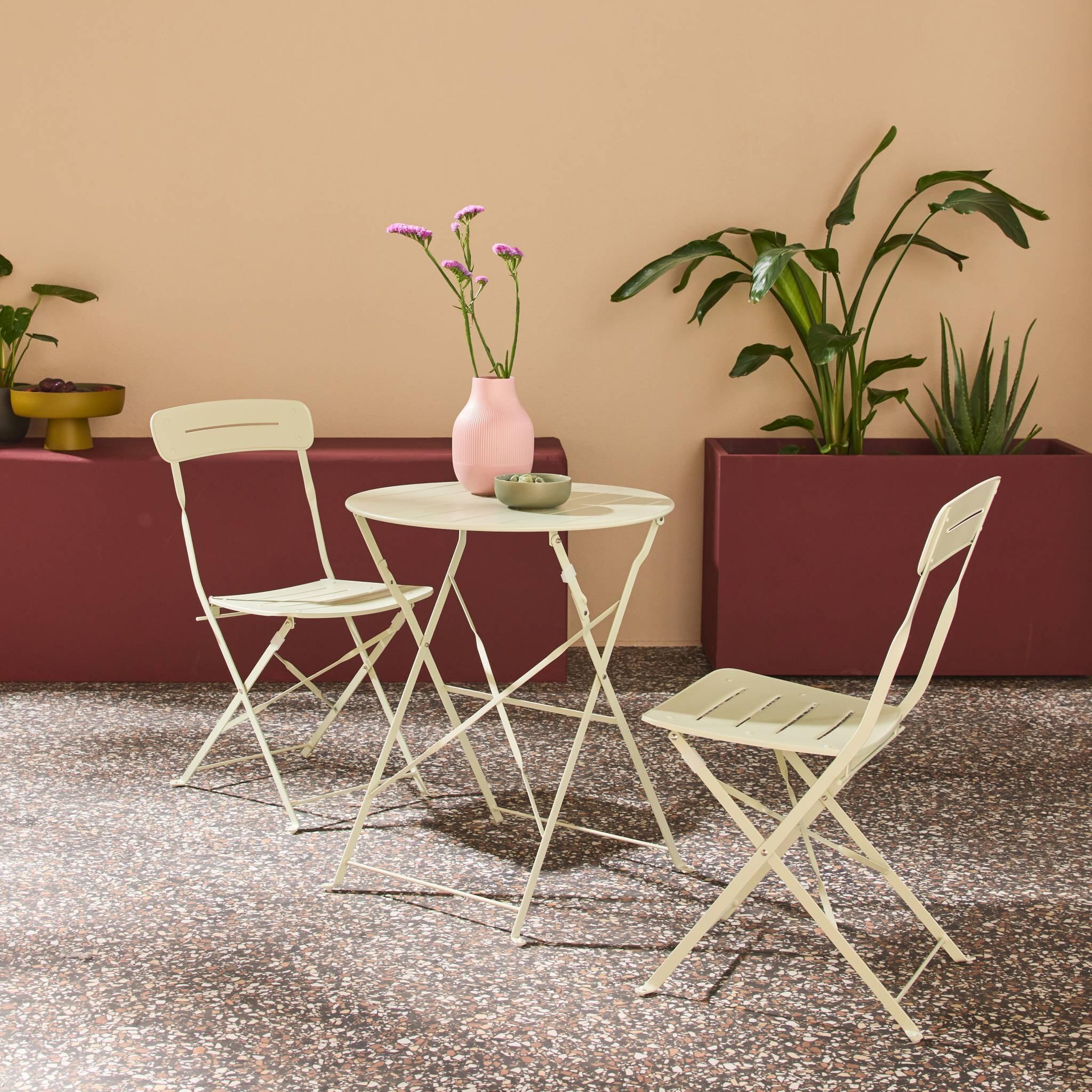 Set de jardín bistró plegable de mesa redonda de acero con 2 sillas, Verde 3/5