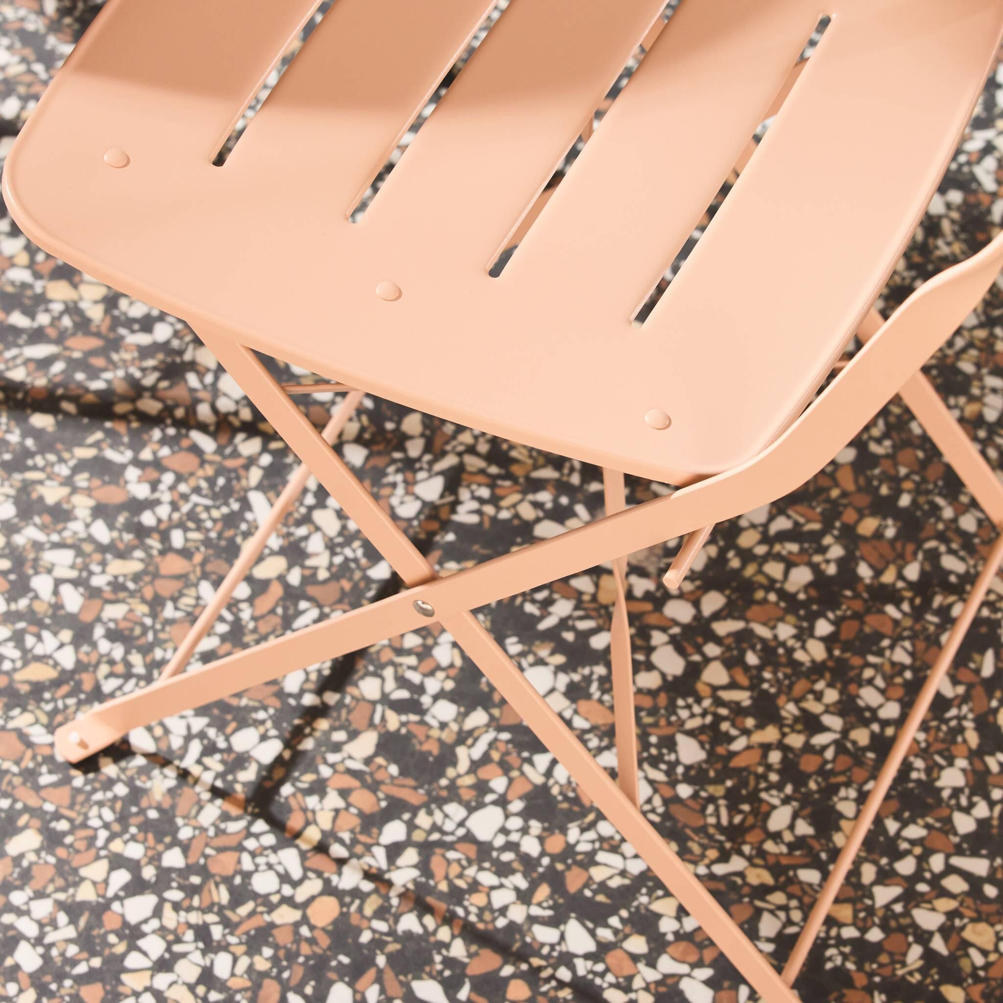 Set de jardín bistró plegable de mesa redonda de acero con 2 sillas, Rosa 3/5