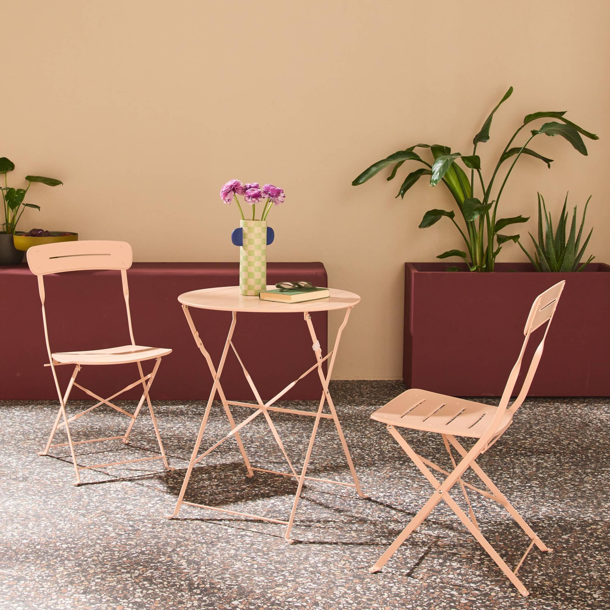 Set de jardín bistró plegable de mesa redonda de acero con 2 sillas, Rosa 2/5