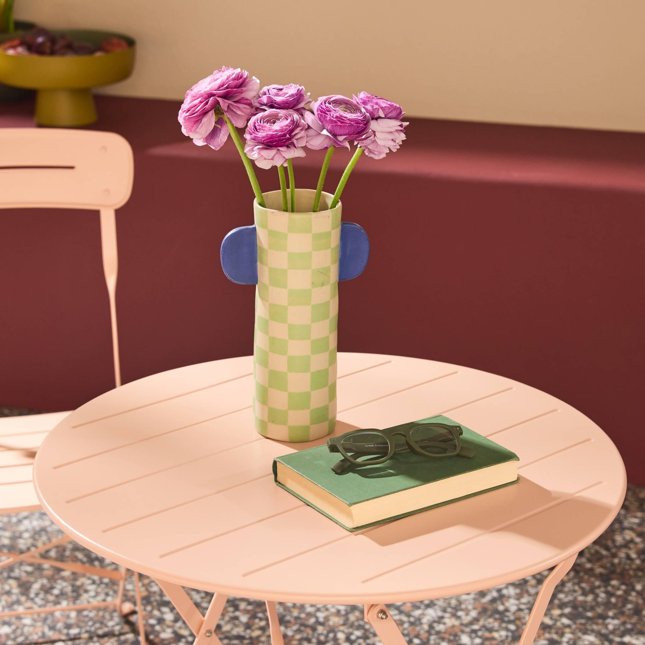 Set de jardín bistró plegable de mesa redonda de acero con 2 sillas, Rosa 5/5