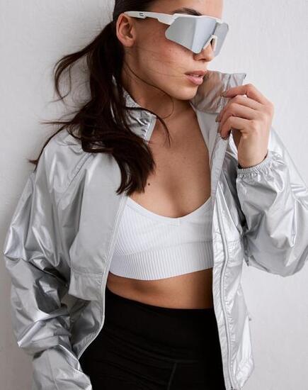 Femme Veste de Course Déperlante Coupe-Vent Métallique Argent